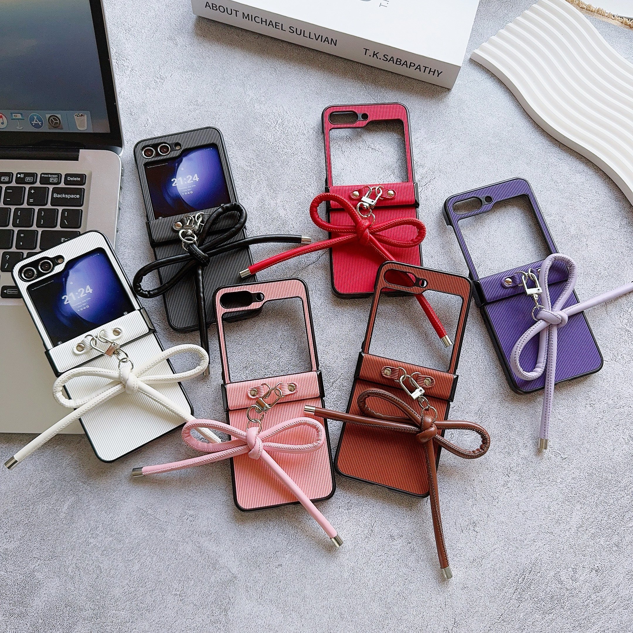 2024 New Fashion Mobile Phone Cases with Leather Bow for Samsung Galaxy Z Flip 6 5 4 3 vivo XFlip