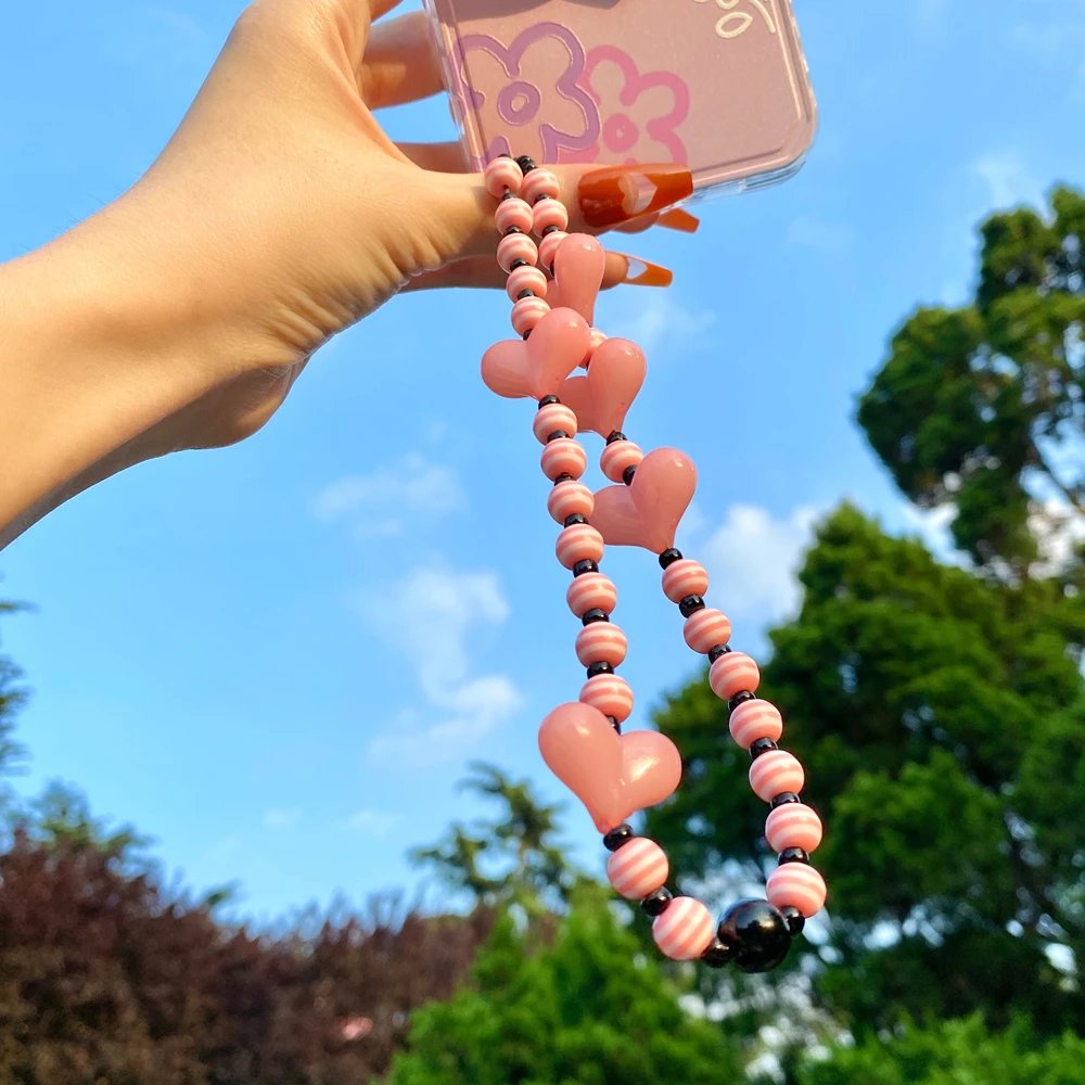 Colorful Heart Acrylic Beaded Phone Chains Striped Beads Cell Phone Charm Lanyard Rope for Mobile Telephone Strap Van Daisy