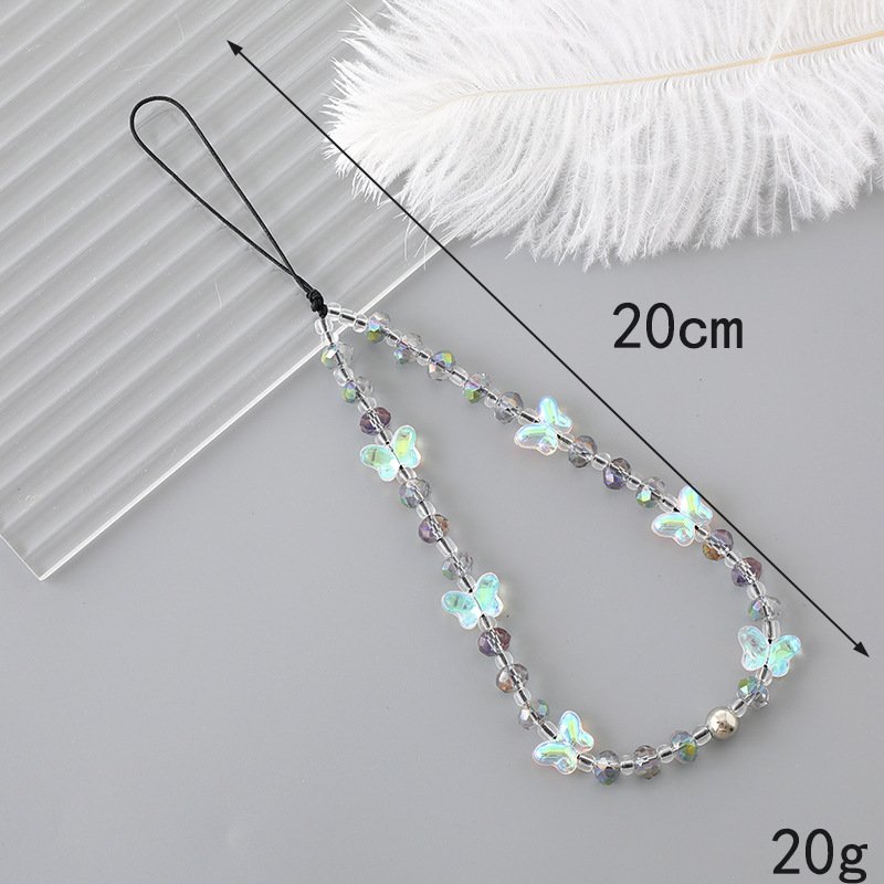 Customize Butterfly Crystal Mobile Phone Case Chain Glass Pearl Beaded Bow Silver Love Heart Pendant Laser Star Lanyard Strap