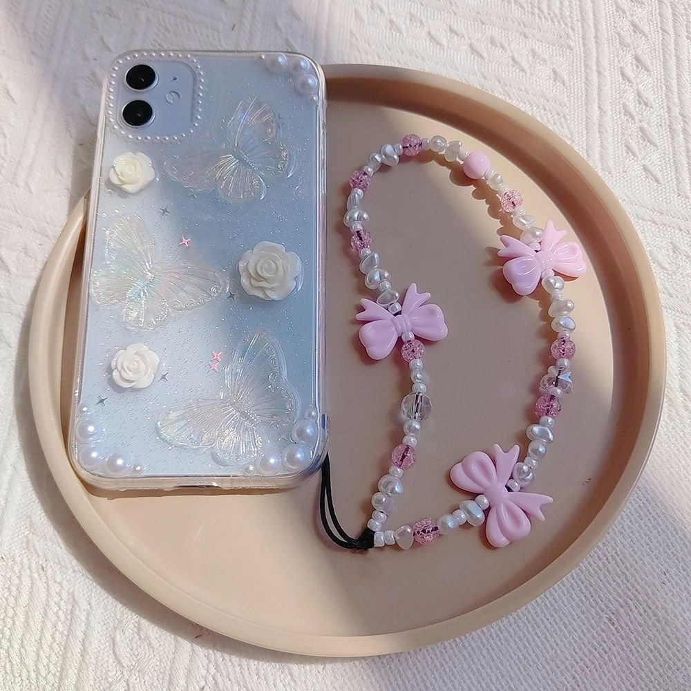 KKBEAD New Design Crystal Bowknot Mobile Phone Anti Theft Chain Strap Lanyard Crystal Beads Mobile Phone Chain
