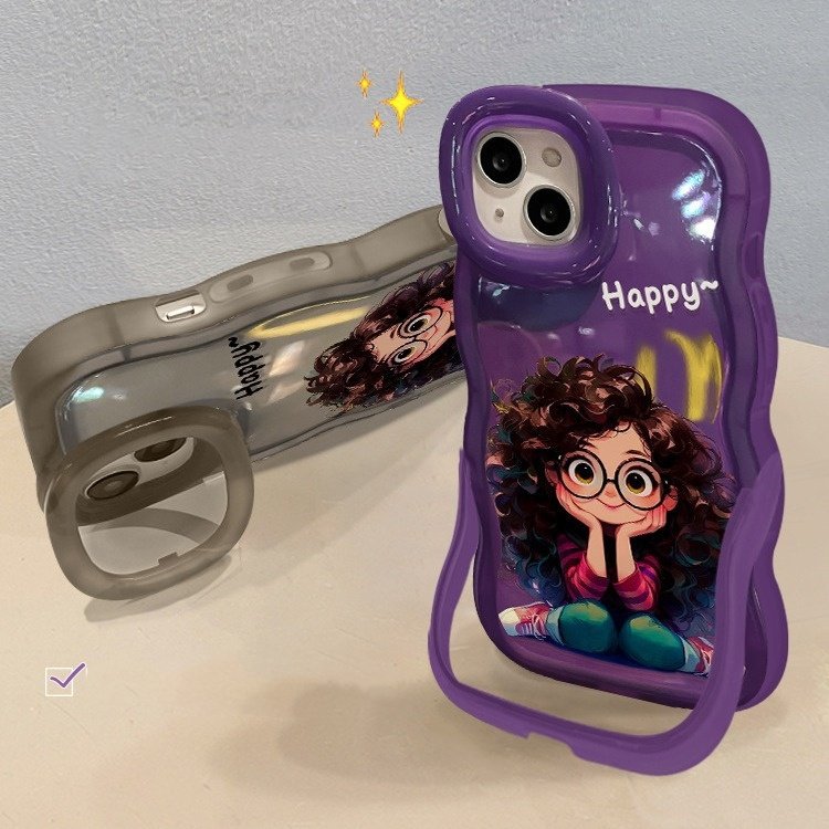 Cartoon Girls Stand Silicone Mobile Phone Case For iPhone 16 15 14 13 12 11 Pro max holder Cute Hello girl Shockproof Back Cover