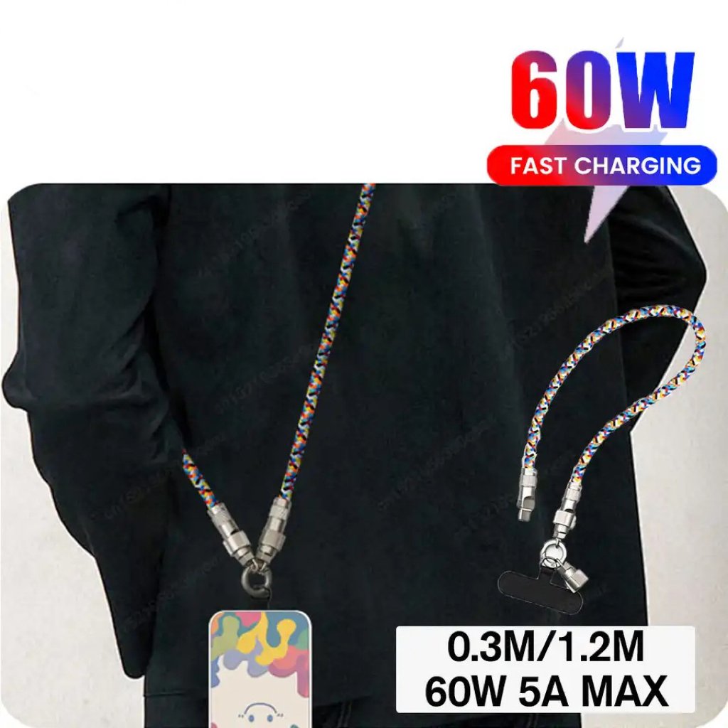 Portable Outdoor Knitting Neck Shoulder Strap Lanyard PD 60W USB Cable Type-c Charging Cables for iphone