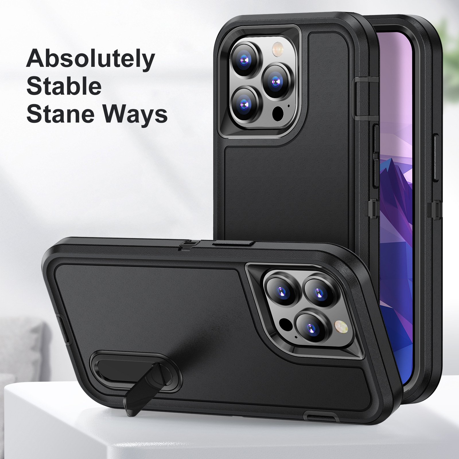 3 in 1 Phone Case with Front Protector for iPhone 16 Heavy Duty Armor Mobile Case for iPhone 14 15 Pro Shockproof Stand Cover