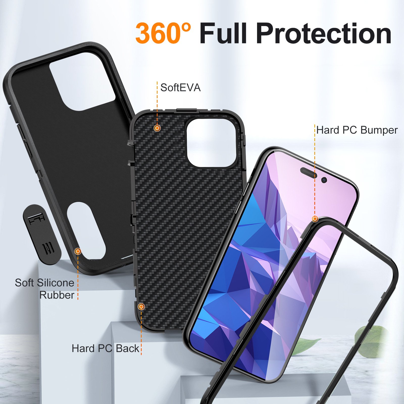 3 in 1 Phone Case with Front Protector for iPhone 16 Heavy Duty Armor Mobile Case for iPhone 14 15 Pro Shockproof Stand Cover