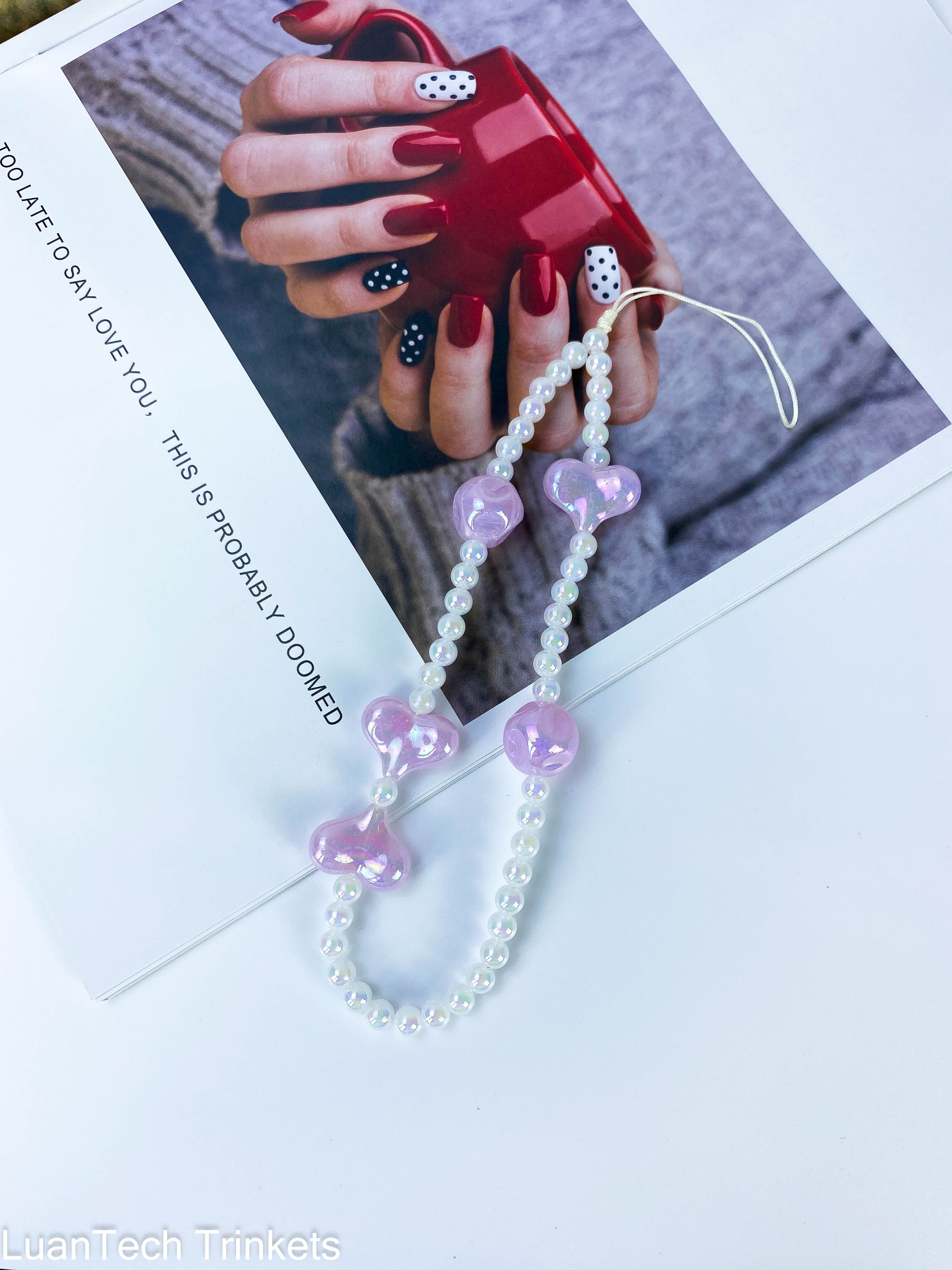 Jewelry Cute Love Heart Colorful Pearl Acrylic Beaded Chain Strap Women Charm Phone Anti-Lost