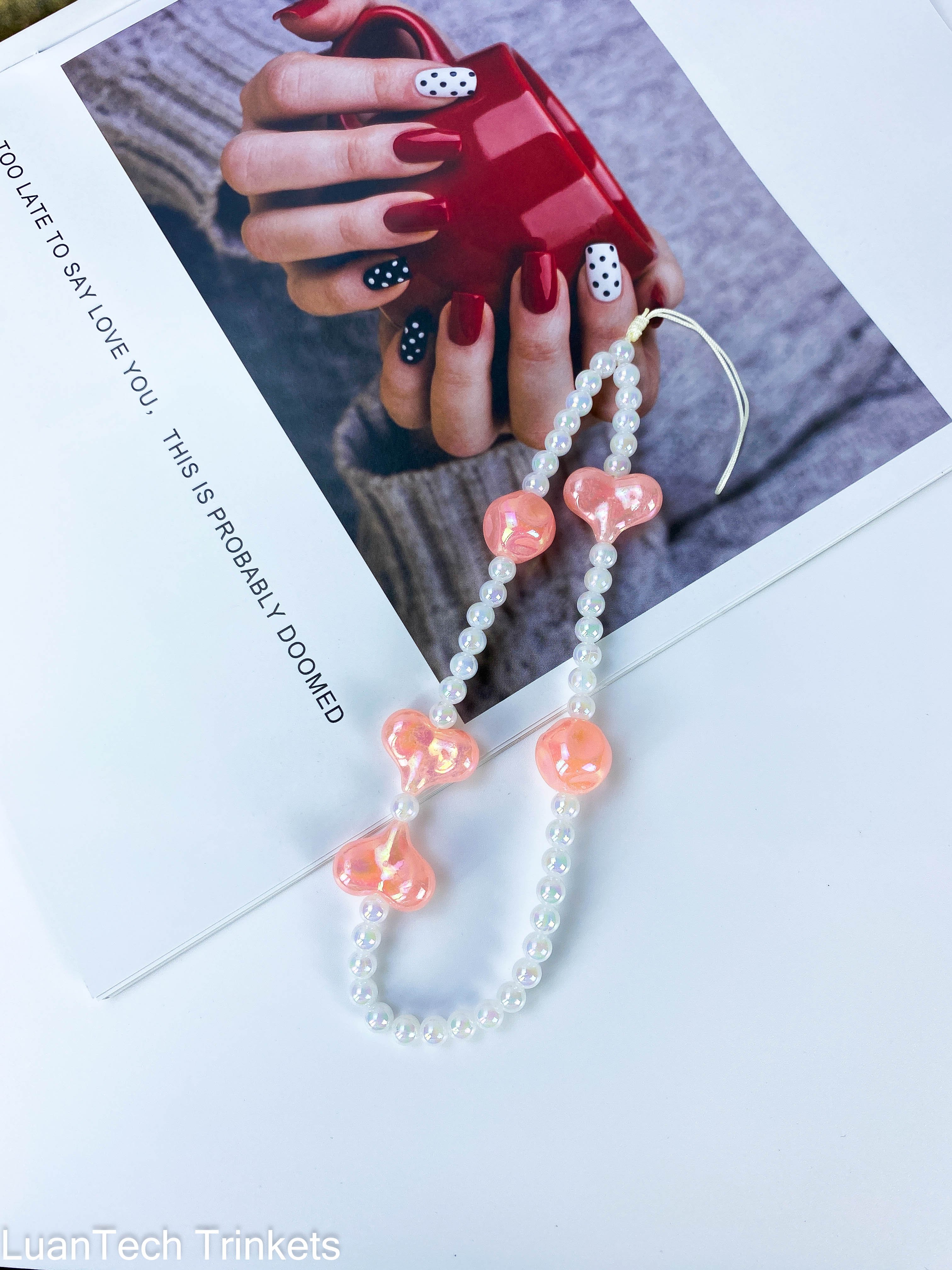 Jewelry Cute Love Heart Colorful Pearl Acrylic Beaded Chain Strap Women Charm Phone Anti-Lost