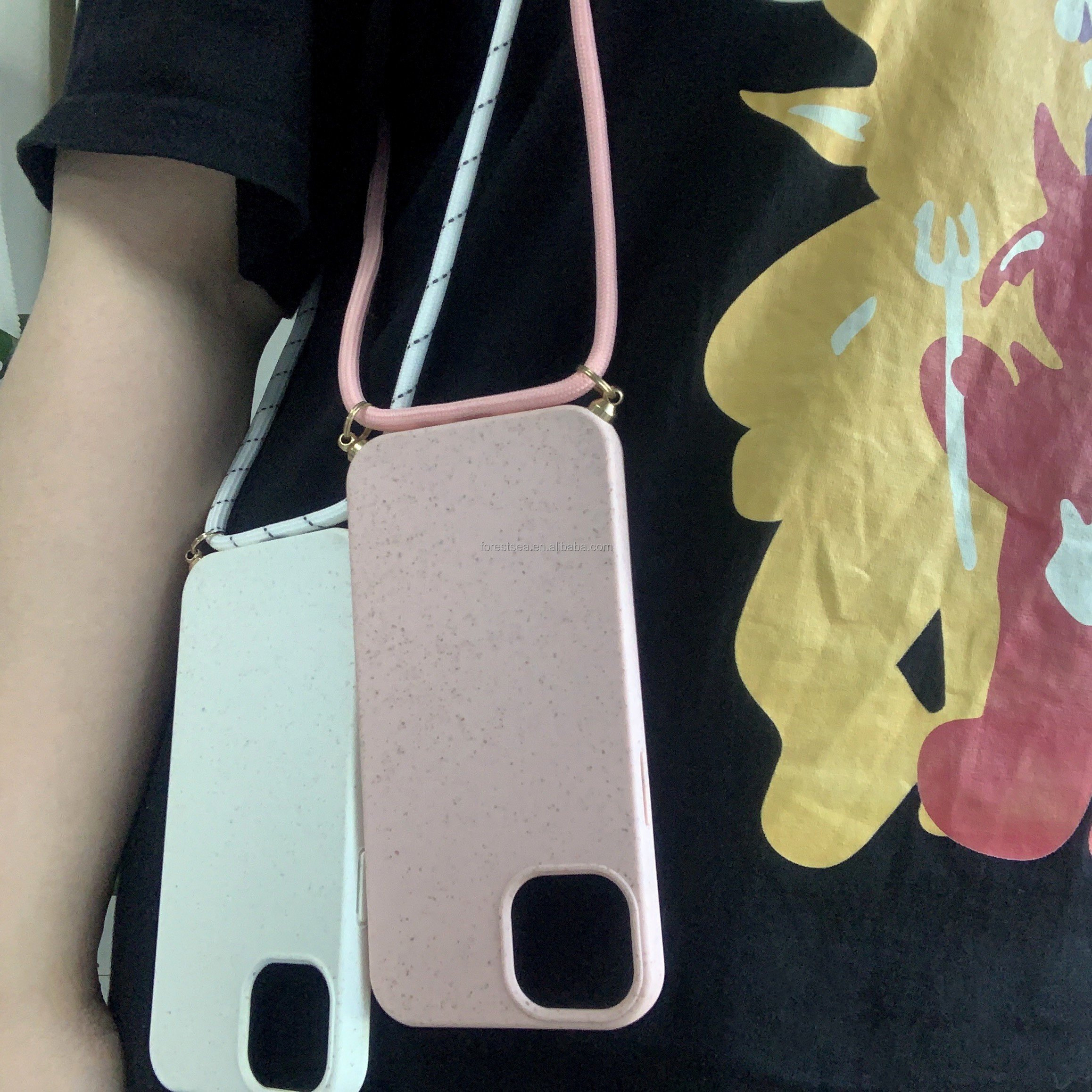 Recycle Biodegradable Wheat Straw Phone Case With Neck Shoulder Lanyard Rope Sling For iPhone16 14 15 Pro Max Mobile Phone Cases