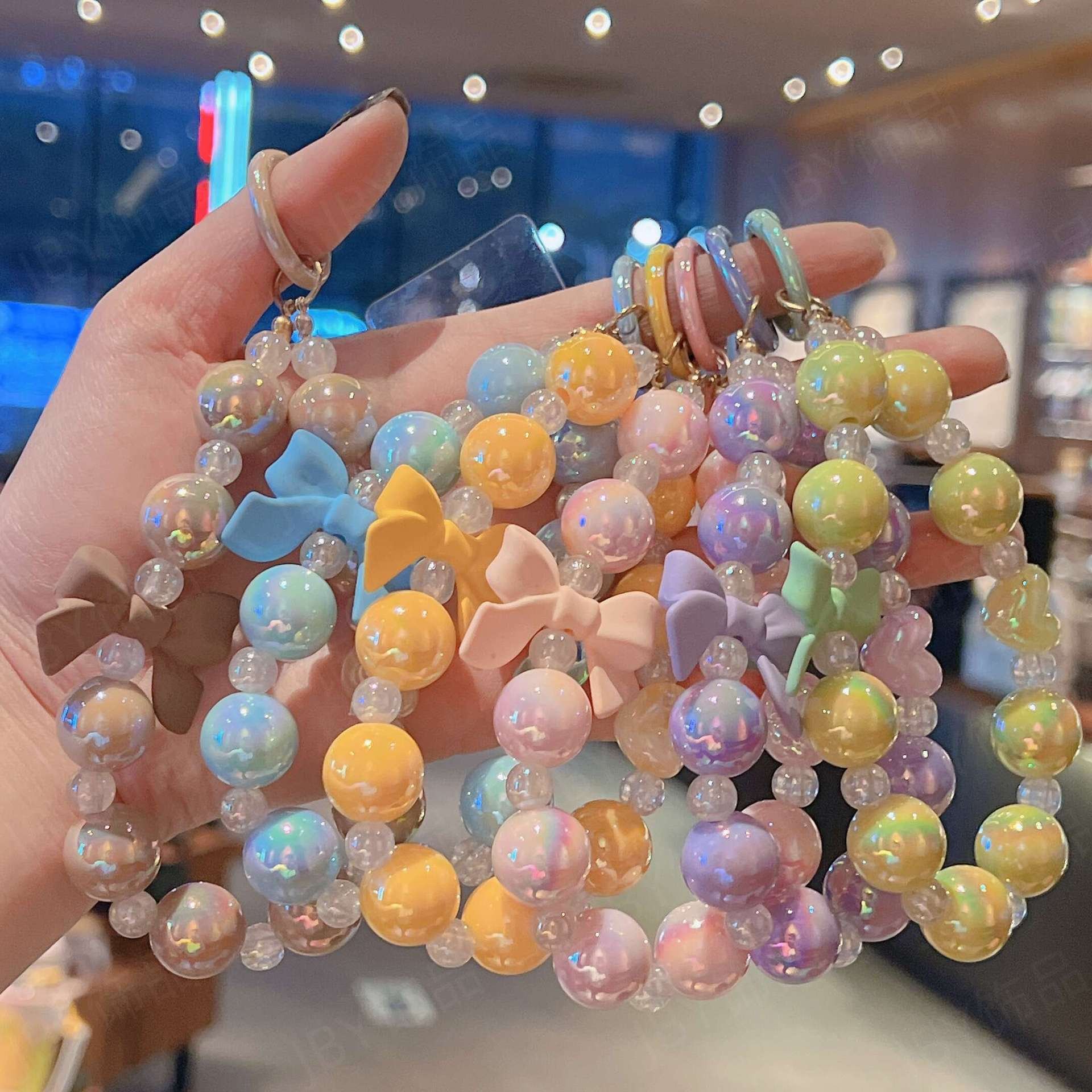 Cartoon phone chain beaded bow Korean style keychain phone case accessory Girl heart chain bag pendant