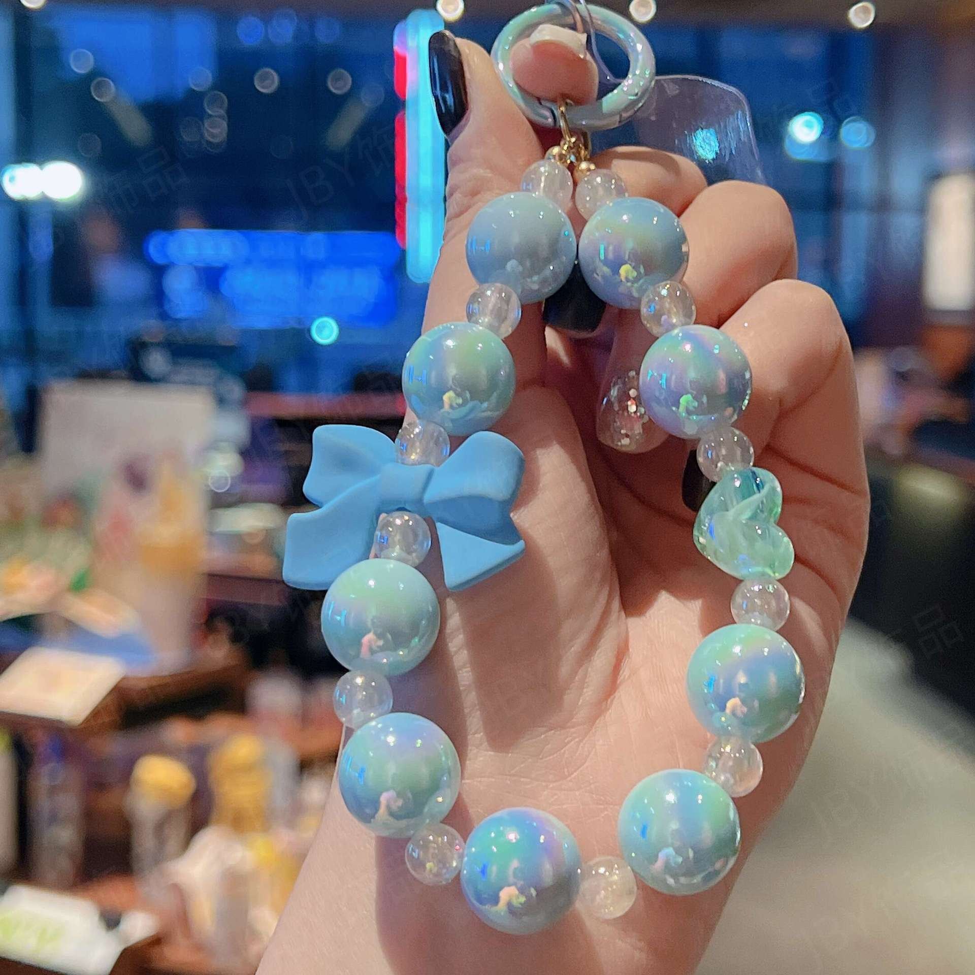 Cartoon phone chain beaded bow Korean style keychain phone case accessory Girl heart chain bag pendant