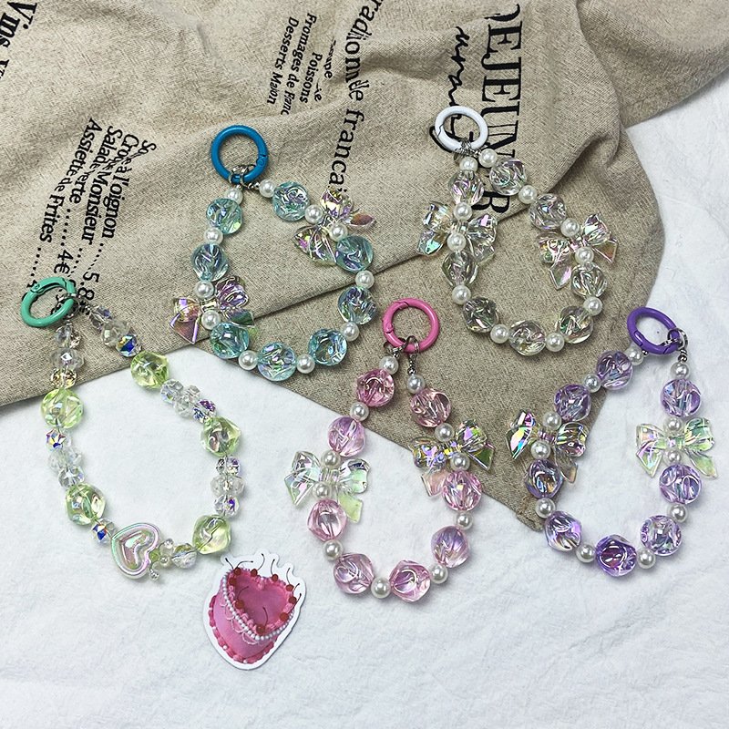 Lilangda Y2K Cute Bowknot Phone Charm Strap Lanyard Pendant Sweet Girl Keychain Accessories Beaded Keychain Wristlet