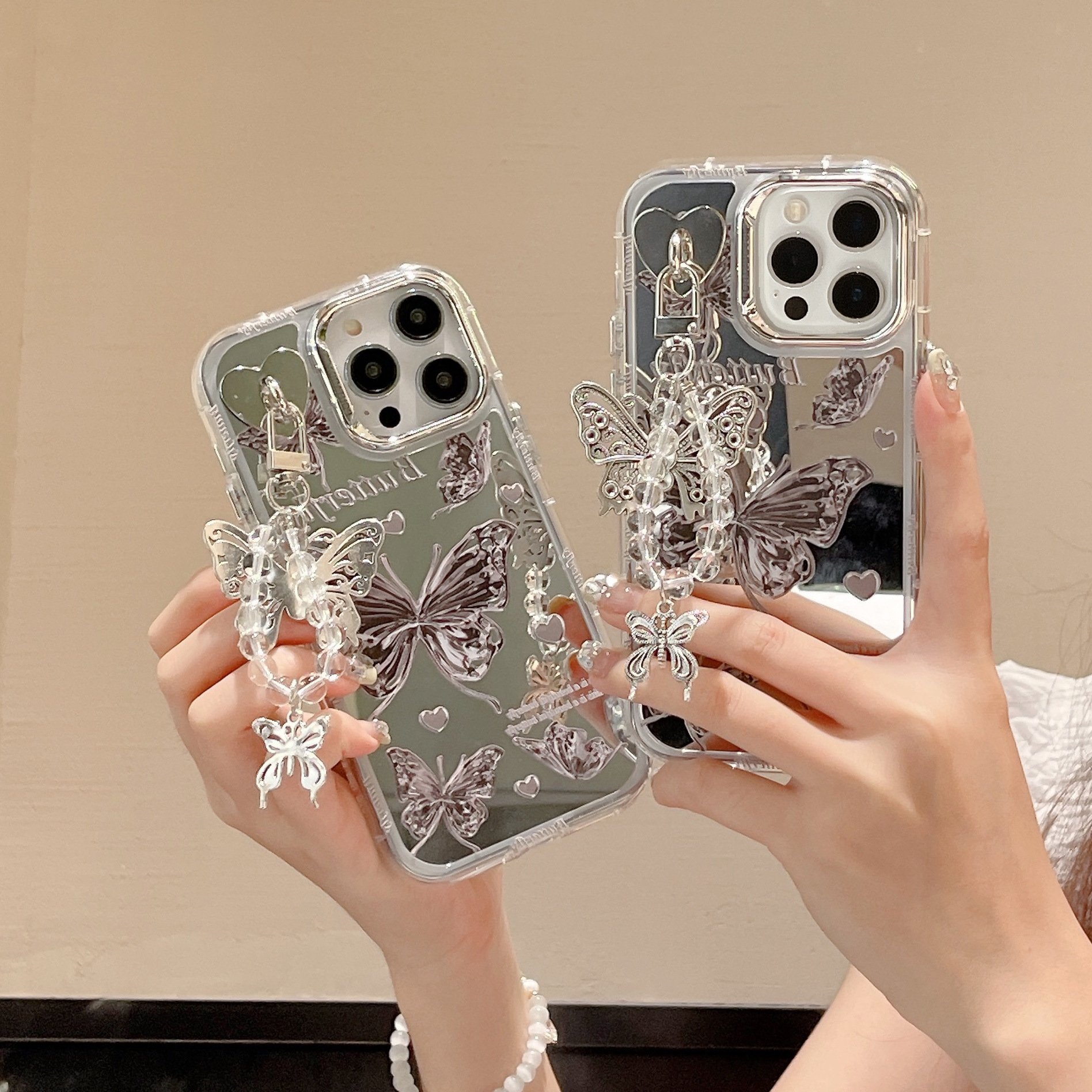 Fashion Brand Love Butterfly Mirror Pendant Phone Case for iPhone 11 12 13 14 15 pro max Creativity Anti-fall Phone Accessories