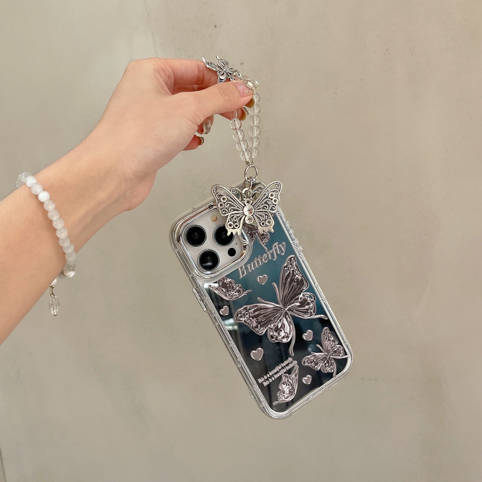 Fashion Brand Love Butterfly Mirror Pendant Phone Case for iPhone 11 12 13 14 15 pro max Creativity Anti-fall Phone Accessories