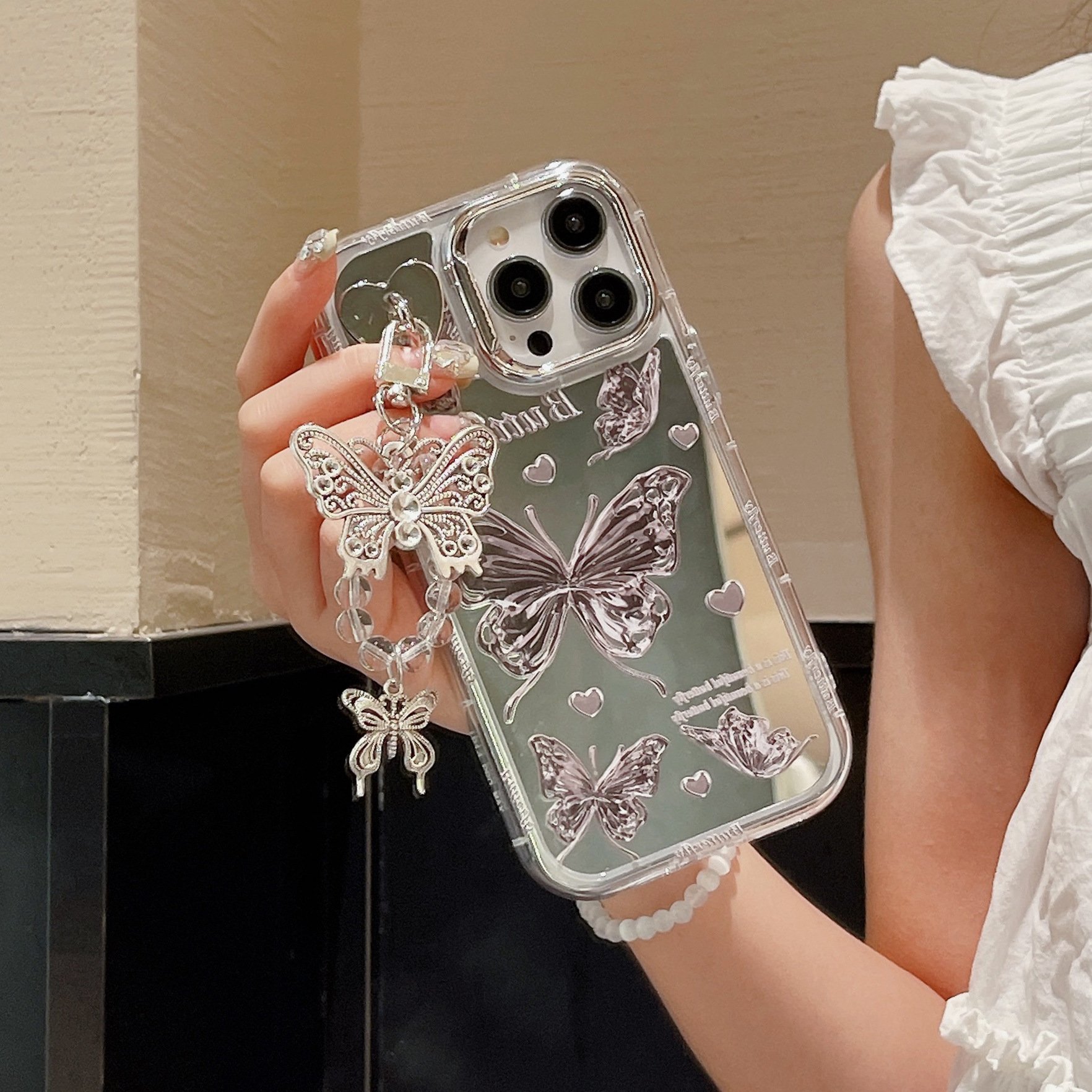 Fashion Brand Love Butterfly Mirror Pendant Phone Case for iPhone 11 12 13 14 15 pro max Creativity Anti-fall Phone Accessories