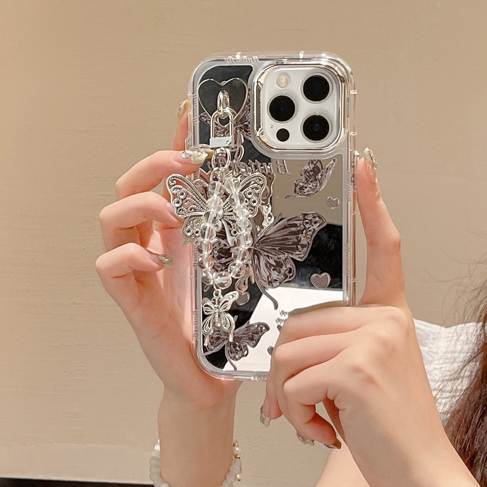 Fashion Brand Love Butterfly Mirror Pendant Phone Case for iPhone 11 12 13 14 15 pro max Creativity Anti-fall Phone Accessories