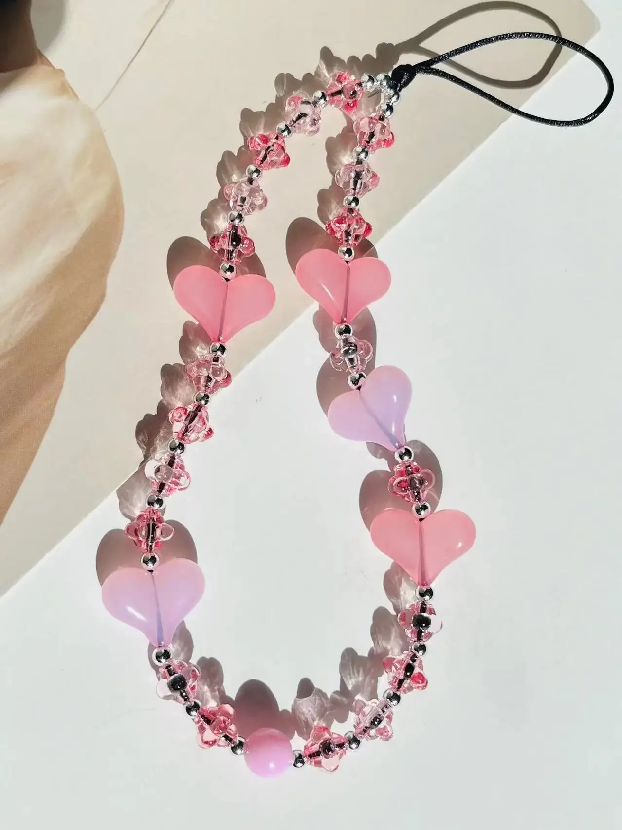 Sweet Pink Phone Chains Acrylic Heart Mobile Phone Pendant Lantern Crystal Beads Charm for Women Girls Phone Strap Accessories