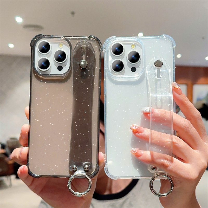 Luxury Glitter Transparent Wrist Strap Case For iPhone 16 Pro Max 11 12 13 14 15 XR X XS 7 8 Plus Silicone Soft Shockproof Cover
