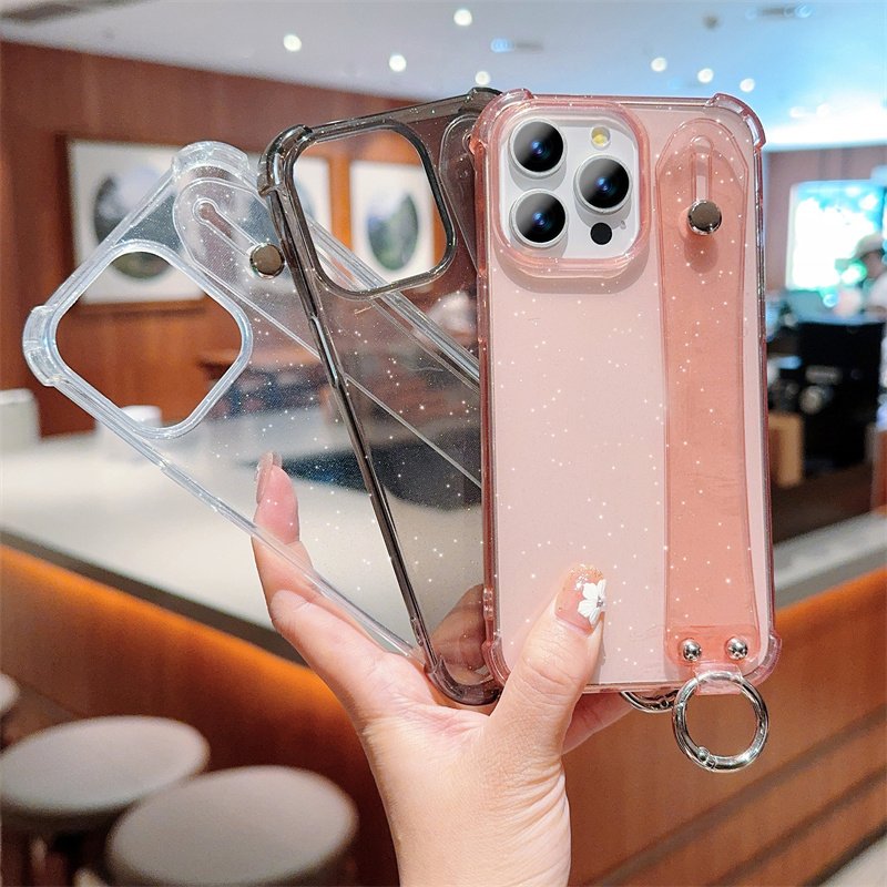 Luxury Glitter Transparent Wrist Strap Case For iPhone 16 Pro Max 11 12 13 14 15 XR X XS 7 8 Plus Silicone Soft Shockproof Cover