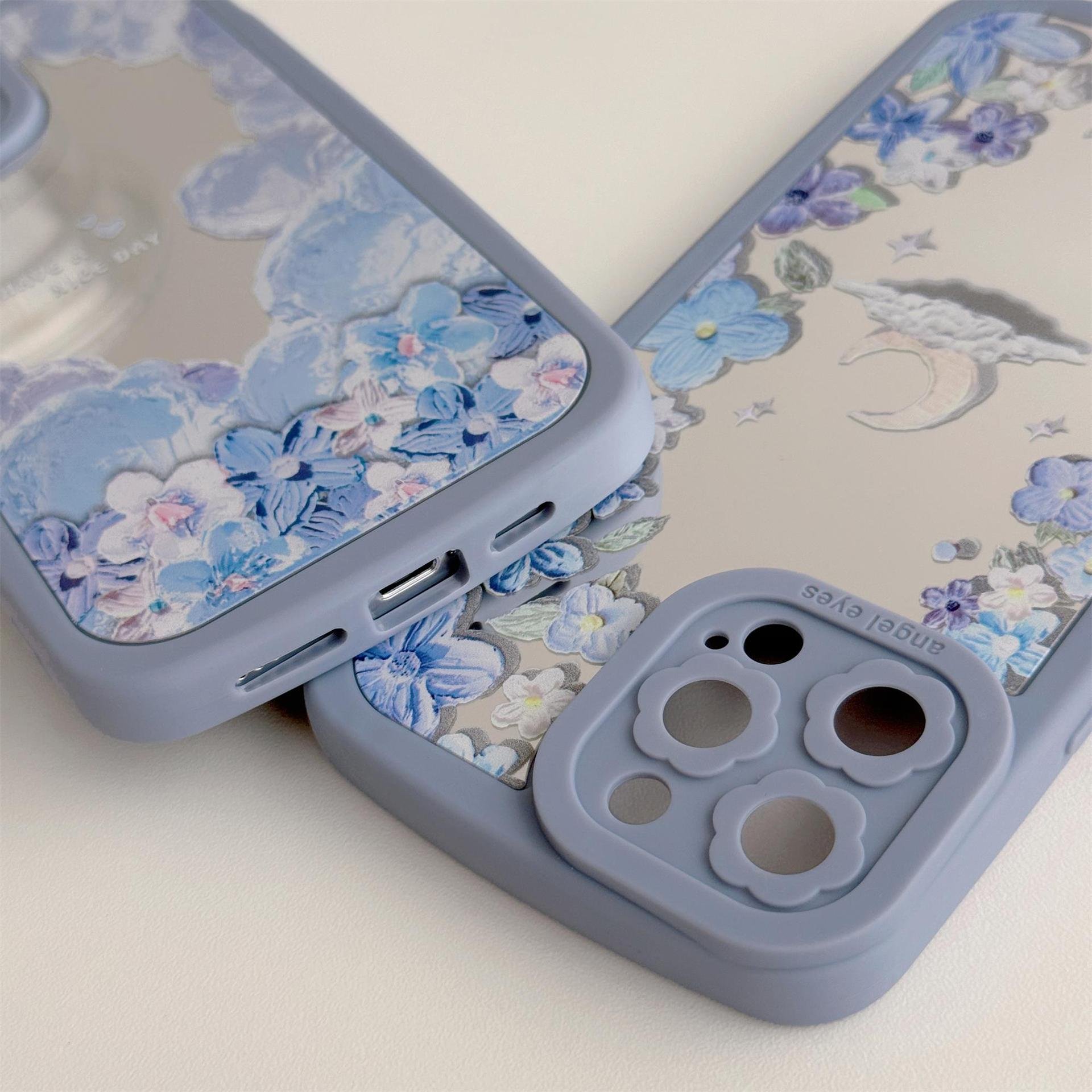 Fashion Mirror Flower Silicone Mobile Phone Case For iPhone 16 15 14 13 12 11 Pro max Moon Cute Printing Shockproof Back Cover