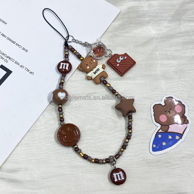 High quality Cartoon Crystal Bead Phone Charm Lanyard with Strap