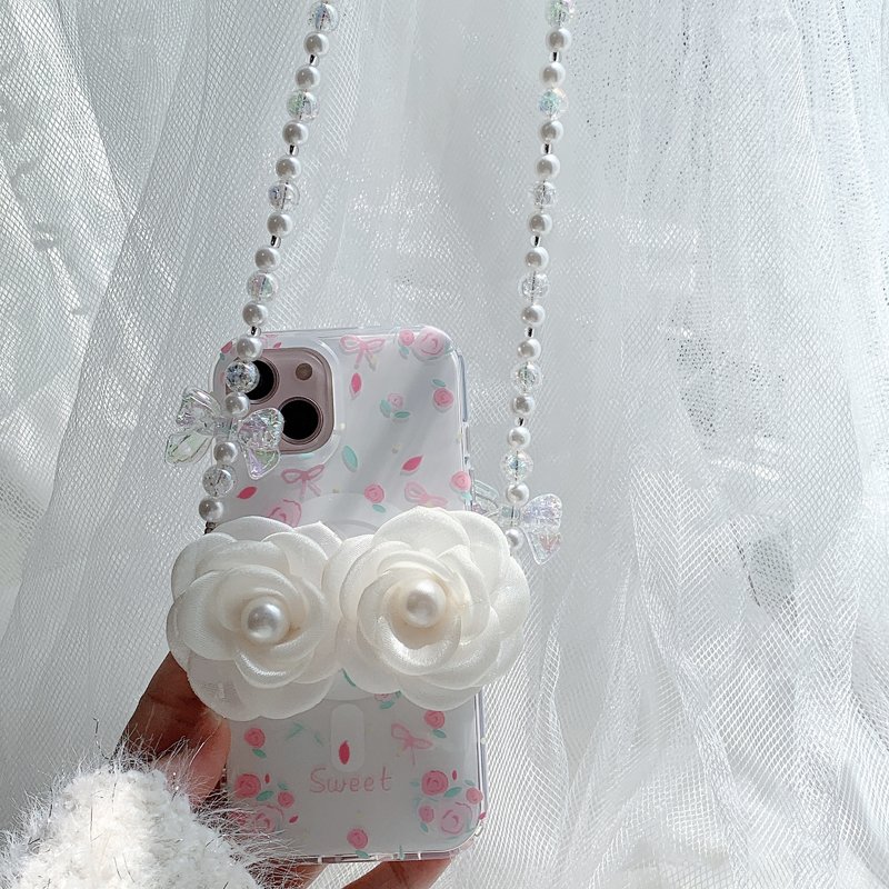 Mobile Phone Lanyard Hairball Pearl Chain Women's Crossbody Hanging Neck Back Chain Mesh Flower Back Clip Anti Loss Lanyard