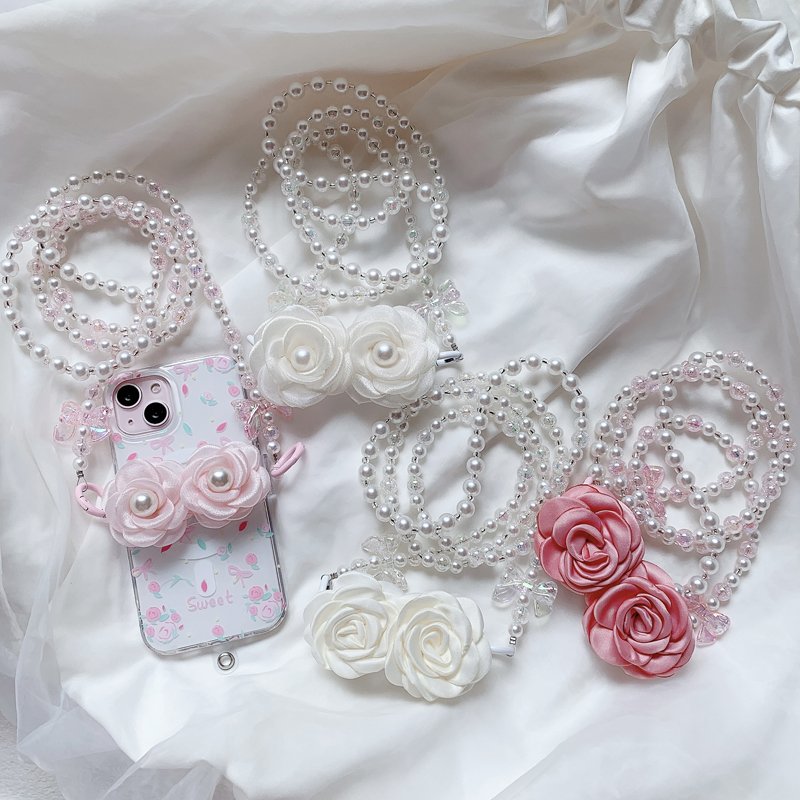 Mobile Phone Lanyard Hairball Pearl Chain Women's Crossbody Hanging Neck Back Chain Mesh Flower Back Clip Anti Loss Lanyard
