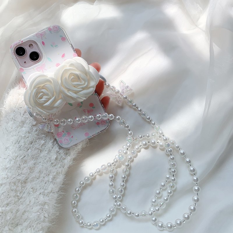 Mobile Phone Lanyard Hairball Pearl Chain Women's Crossbody Hanging Neck Back Chain Mesh Flower Back Clip Anti Loss Lanyard