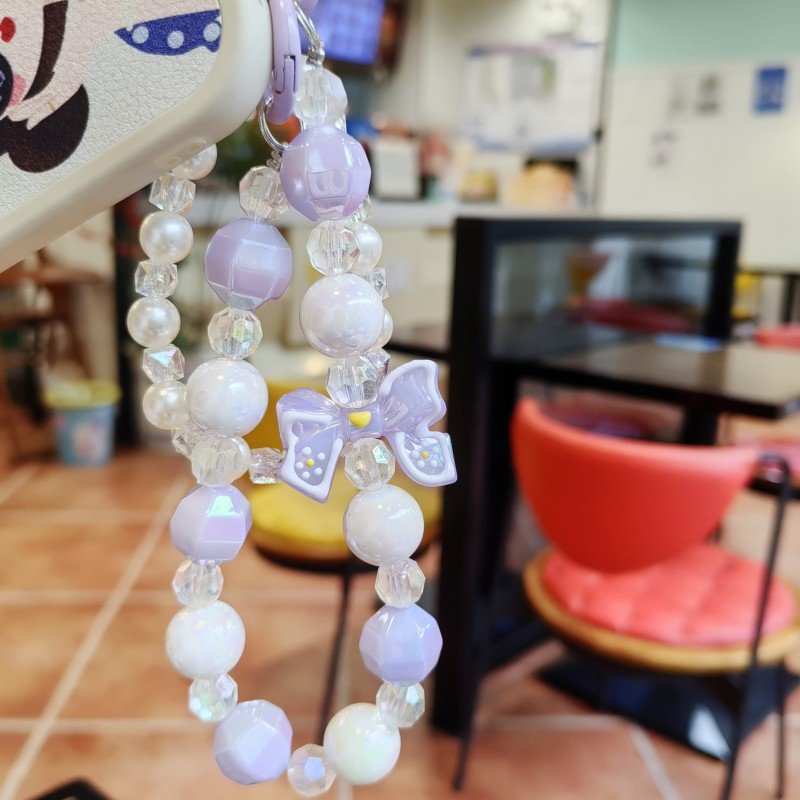 Korean style women Handmade Crystal Bow tie charm Phone Chain Beaded bracelet with mobile phone card