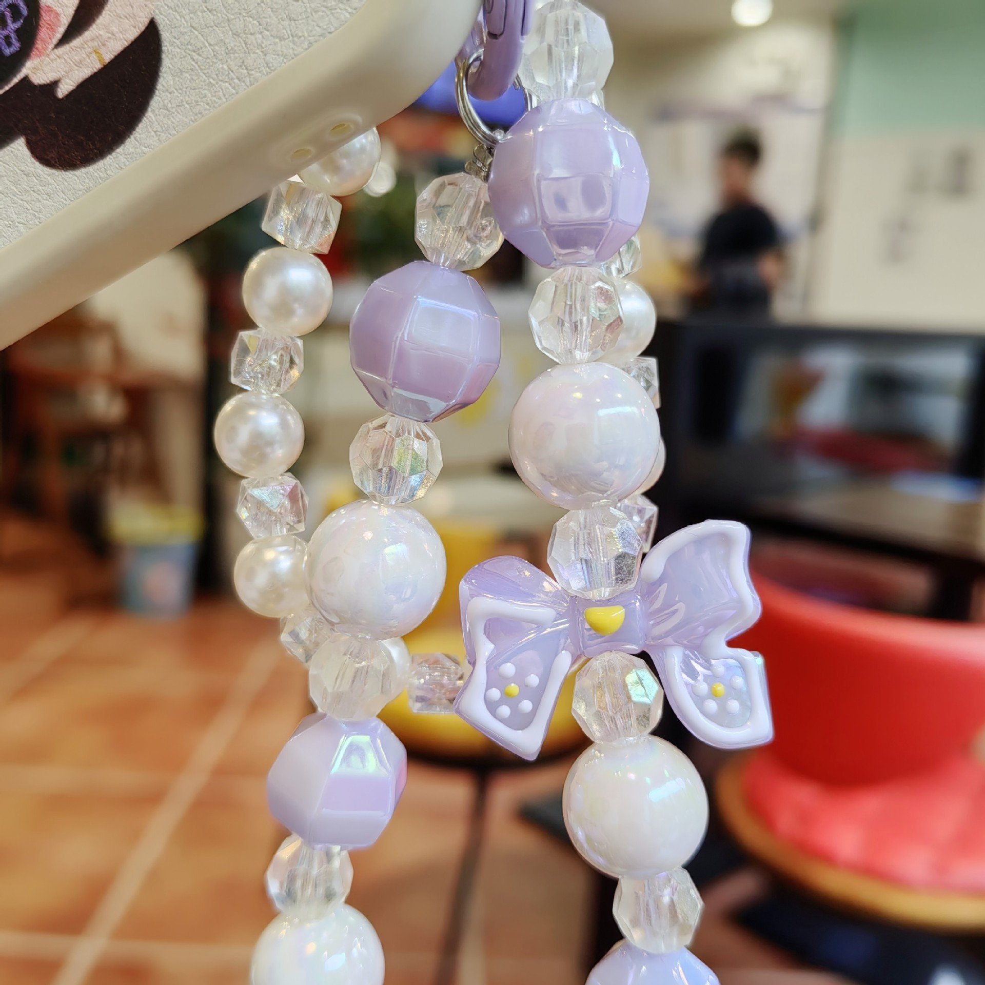 Korean style women Handmade Crystal Bow tie charm Phone Chain Beaded bracelet with mobile phone card