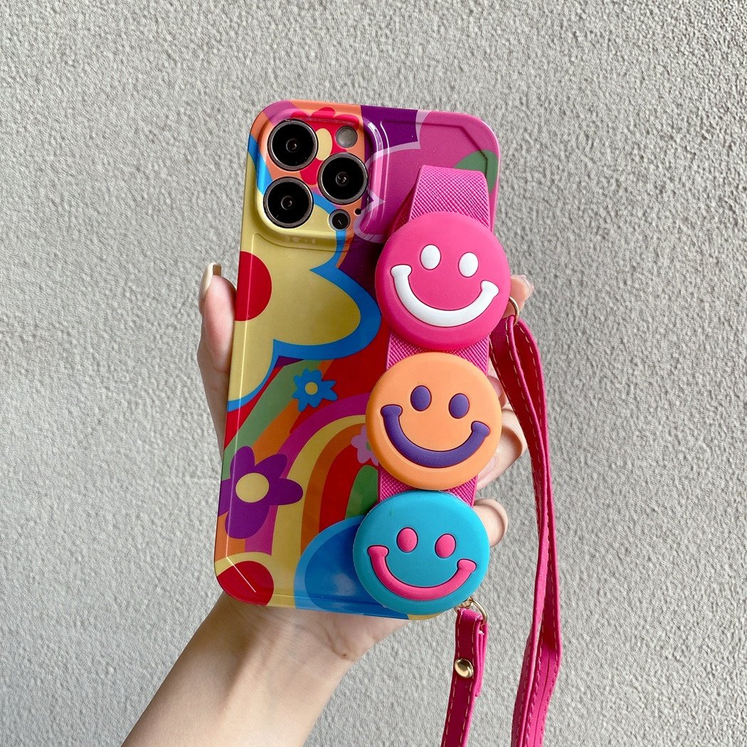 Lanyard Case for iPhone 14 ProCrossbody Case with Strap and Wrist Band Cute Smile Kawaii Cell Phone Cover for Girls and Women