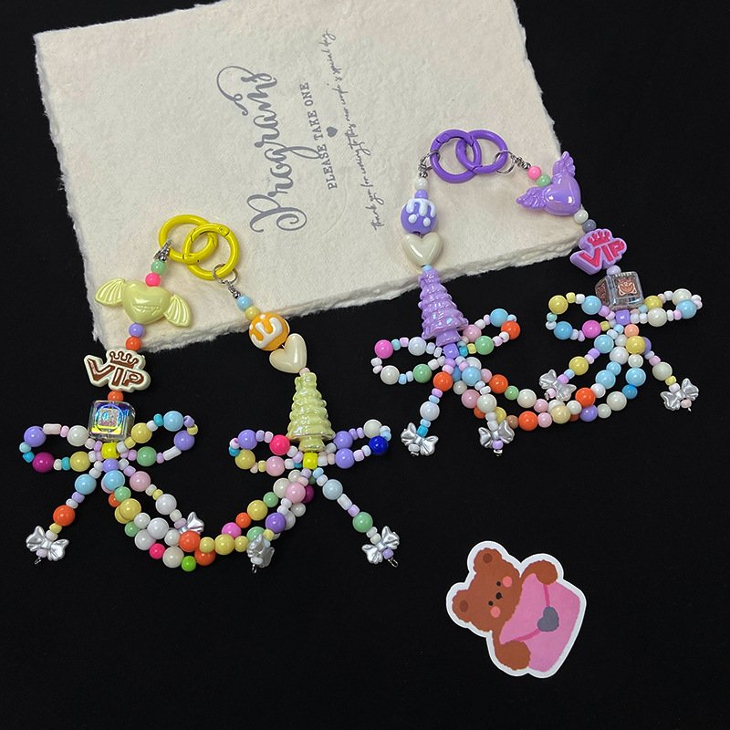 Factory New Women's Cute MIN Beads Keychain Candy Color Plastic Beaded Bow Alloy Target Fashionable Mobile Phone Strap Handbag