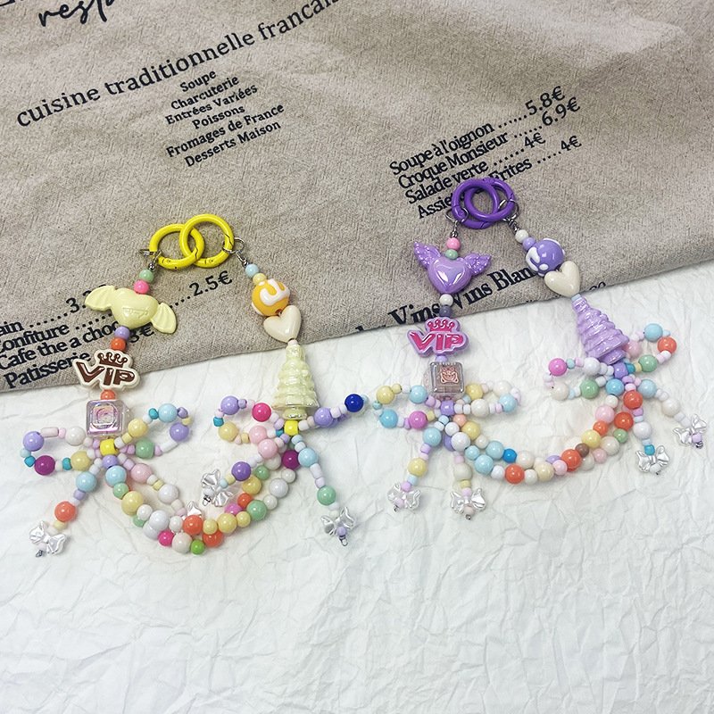 Factory New Women's Cute MIN Beads Keychain Candy Color Plastic Beaded Bow Alloy Target Fashionable Mobile Phone Strap Handbag