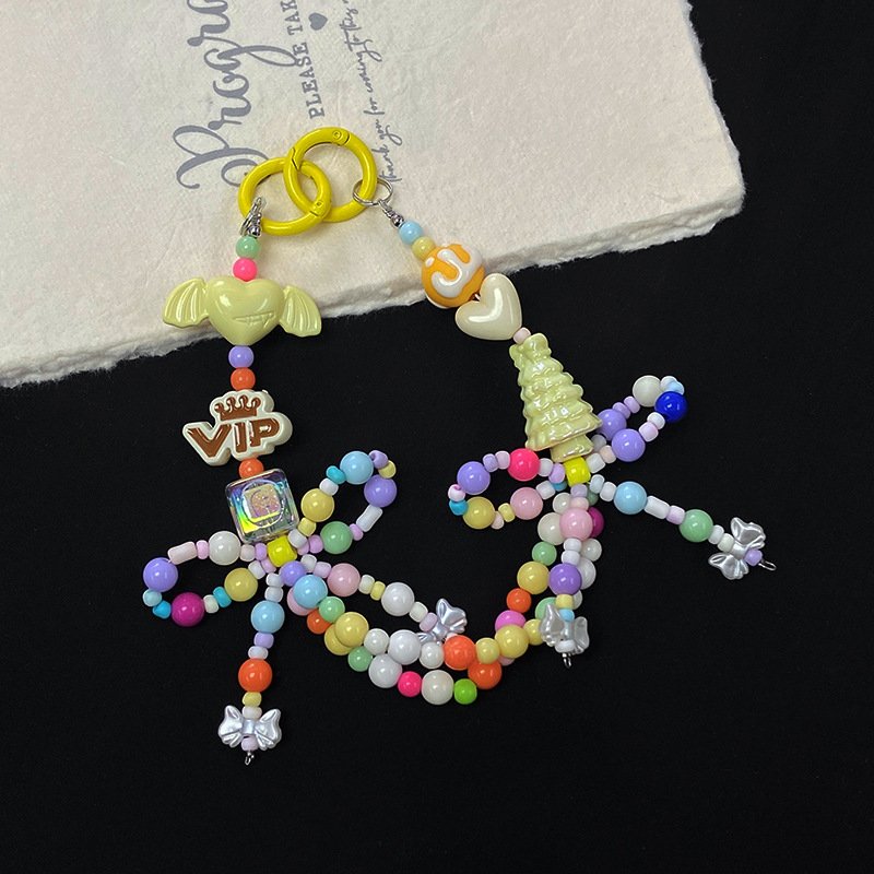 Factory New Women's Cute MIN Beads Keychain Candy Color Plastic Beaded Bow Alloy Target Fashionable Mobile Phone Strap Handbag