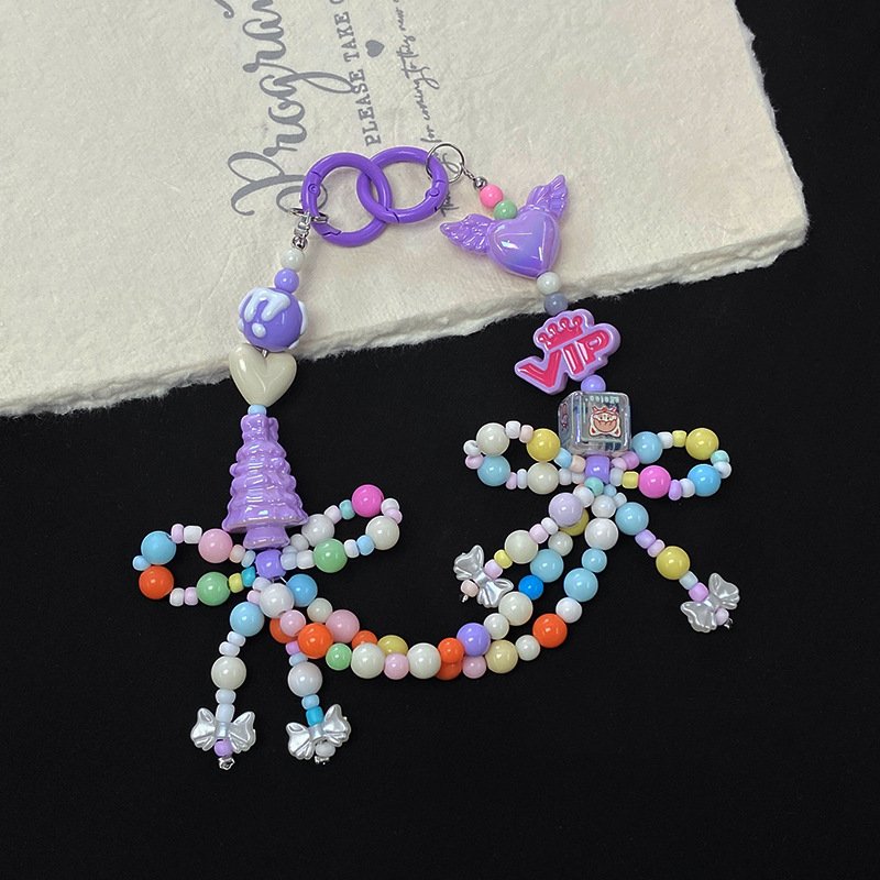 Factory New Women's Cute MIN Beads Keychain Candy Color Plastic Beaded Bow Alloy Target Fashionable Mobile Phone Strap Handbag