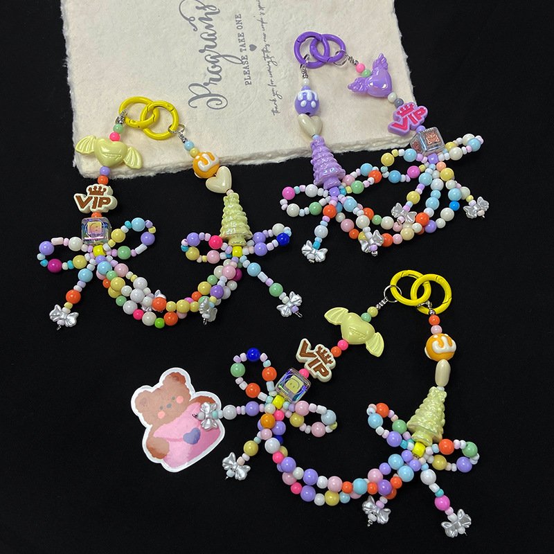 Factory New Women's Cute MIN Beads Keychain Candy Color Plastic Beaded Bow Alloy Target Fashionable Mobile Phone Strap Handbag