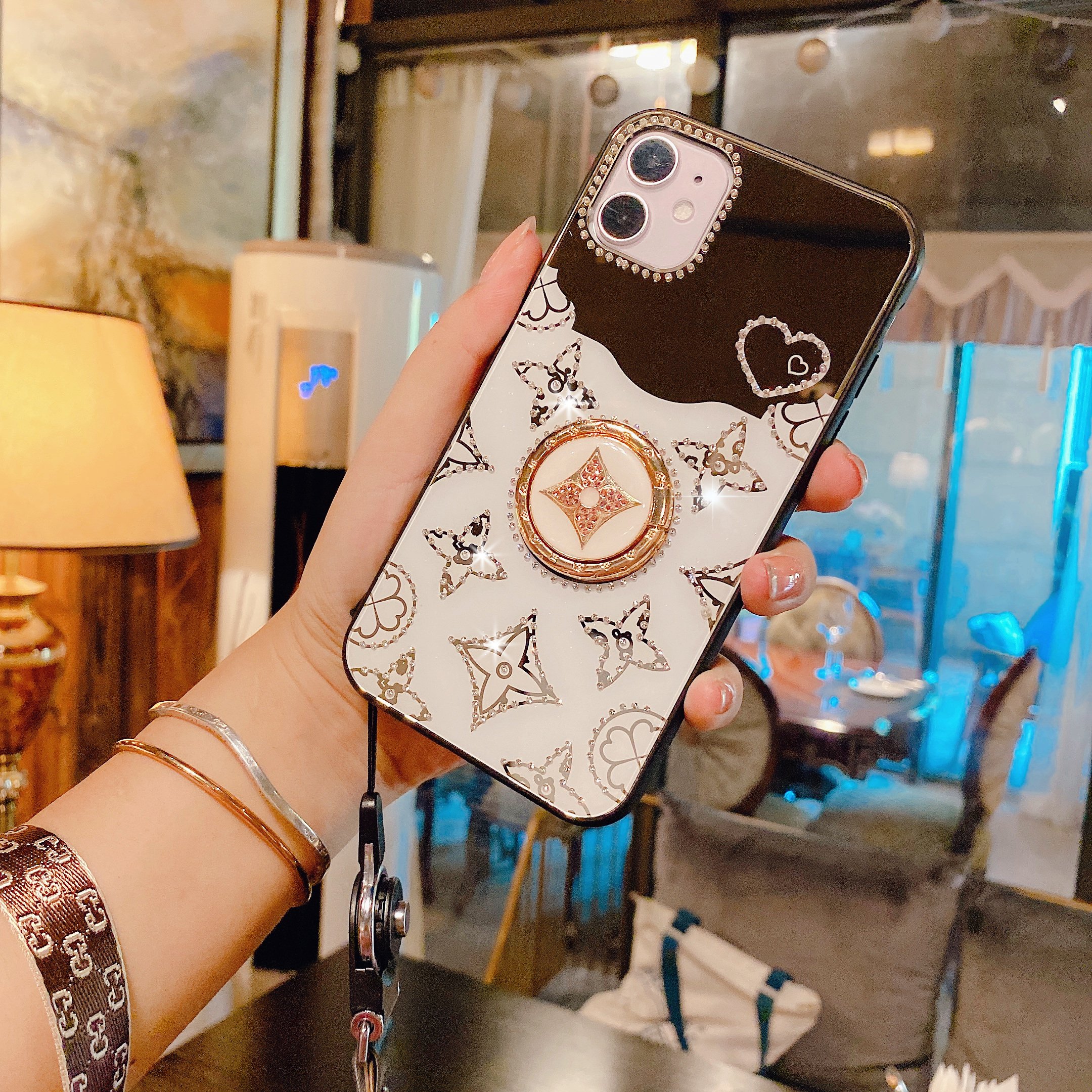 wholesale ring holder case for iphone set with diamonds for iphone 16 15 case wrist strap lady makeup mirror for iphone case