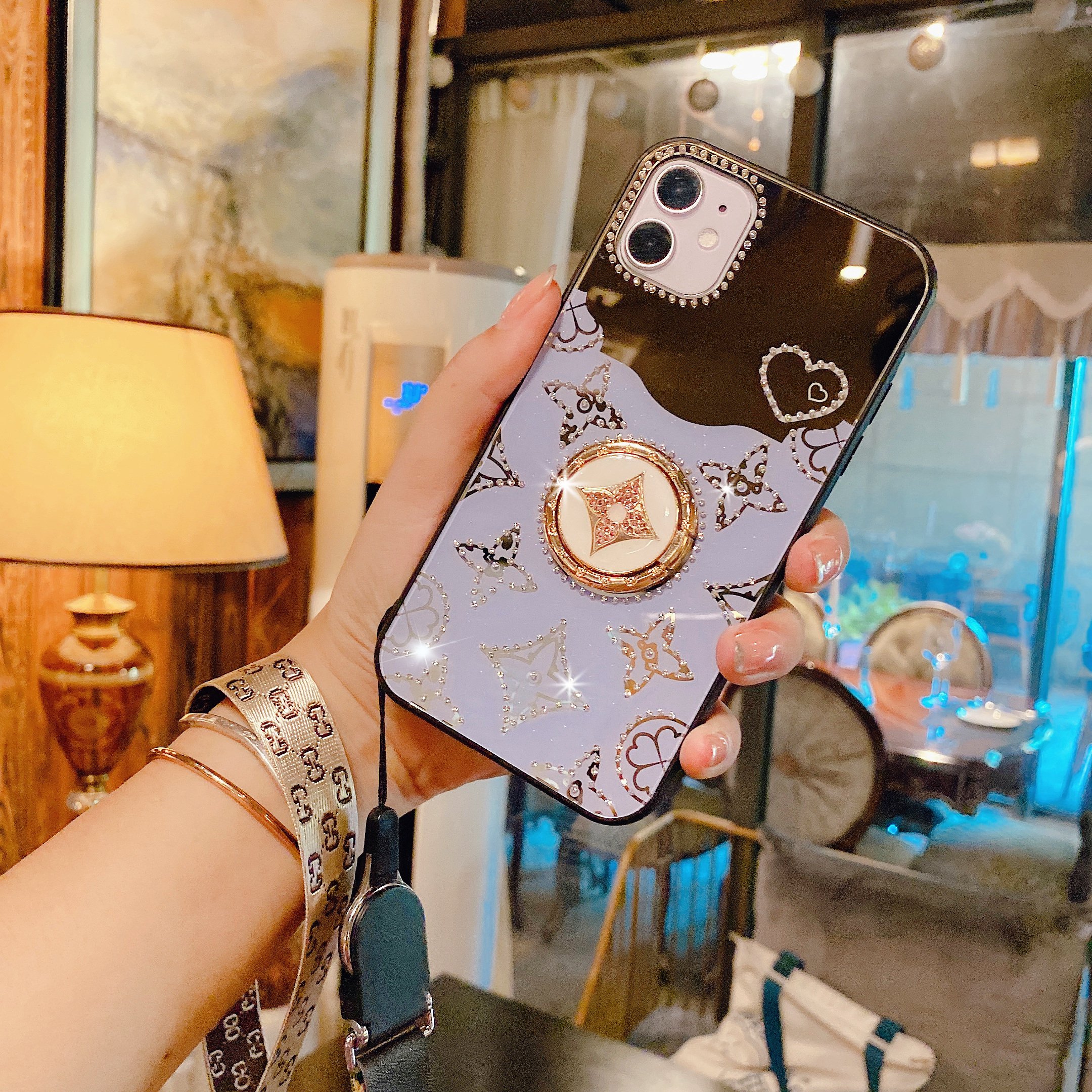 wholesale ring holder case for iphone set with diamonds for iphone 16 15 case wrist strap lady makeup mirror for iphone case