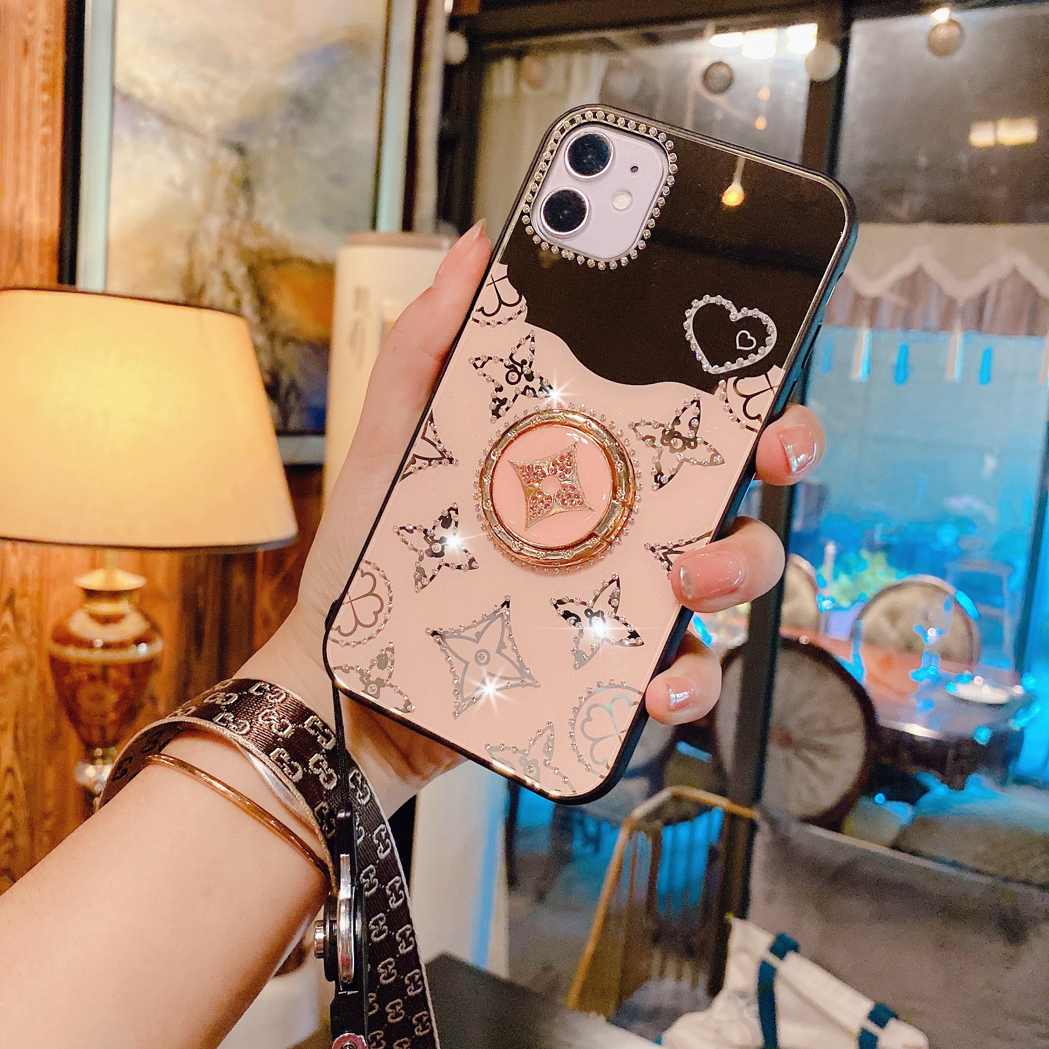 wholesale ring holder case for iphone set with diamonds for iphone 16 15 case wrist strap lady makeup mirror for iphone case