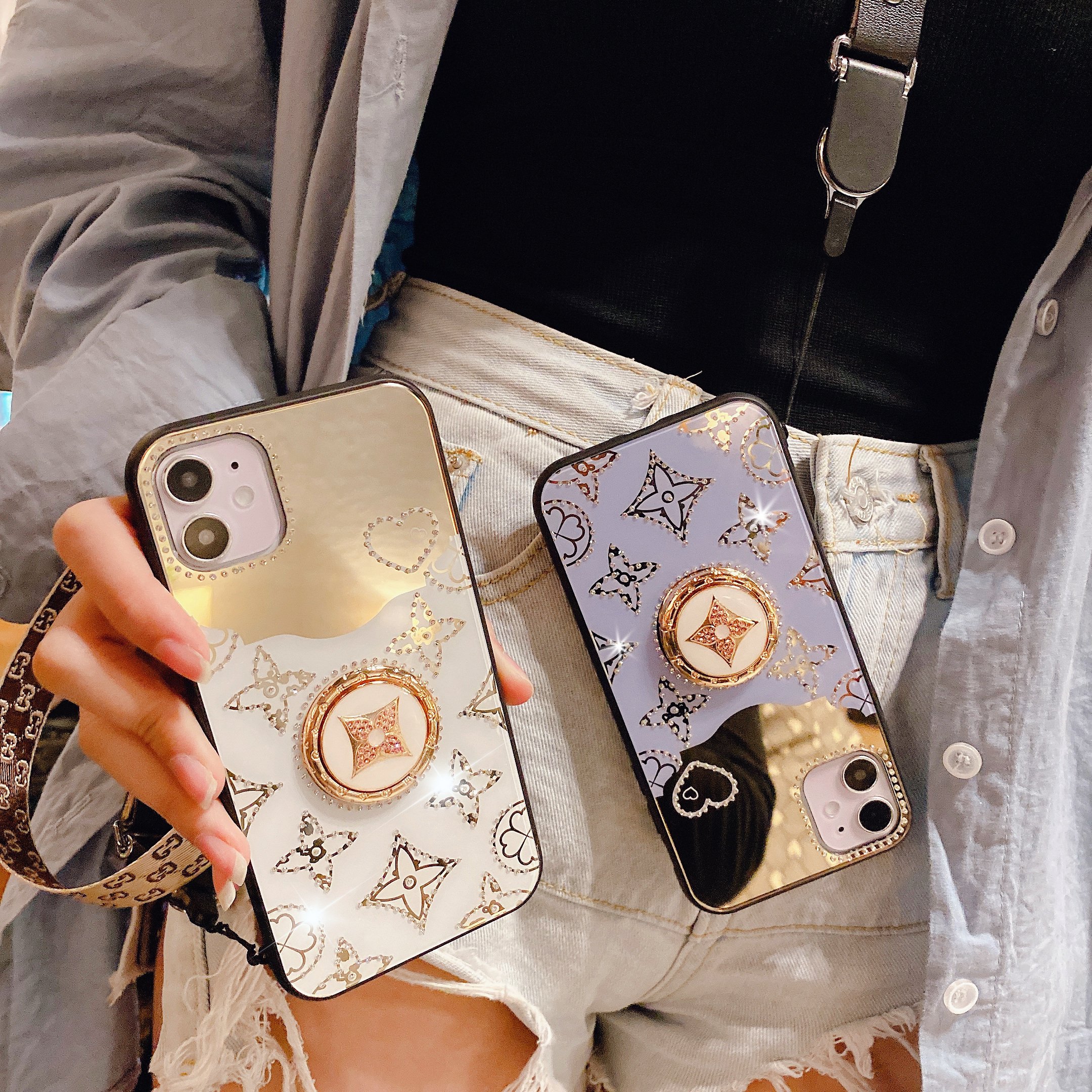 wholesale ring holder case for iphone set with diamonds for iphone 16 15 case wrist strap lady makeup mirror for iphone case