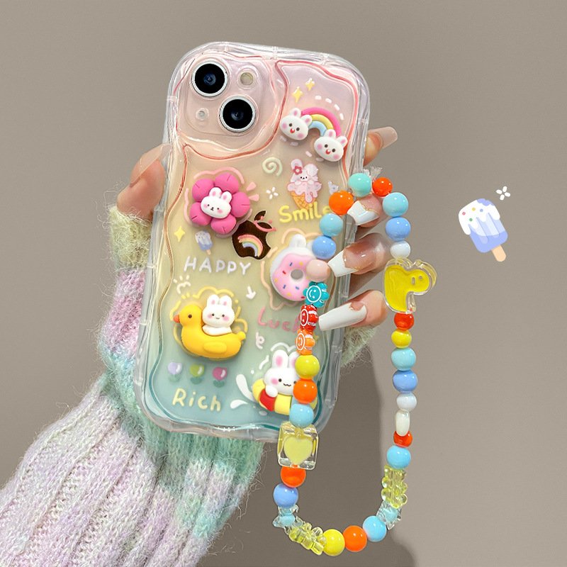 Cartoon Rabbit Flower Silicone Mobile Phone Case For iPhone 15 14 13 12 11 Pro max bracelet Cute chain Shockproof Back Cover