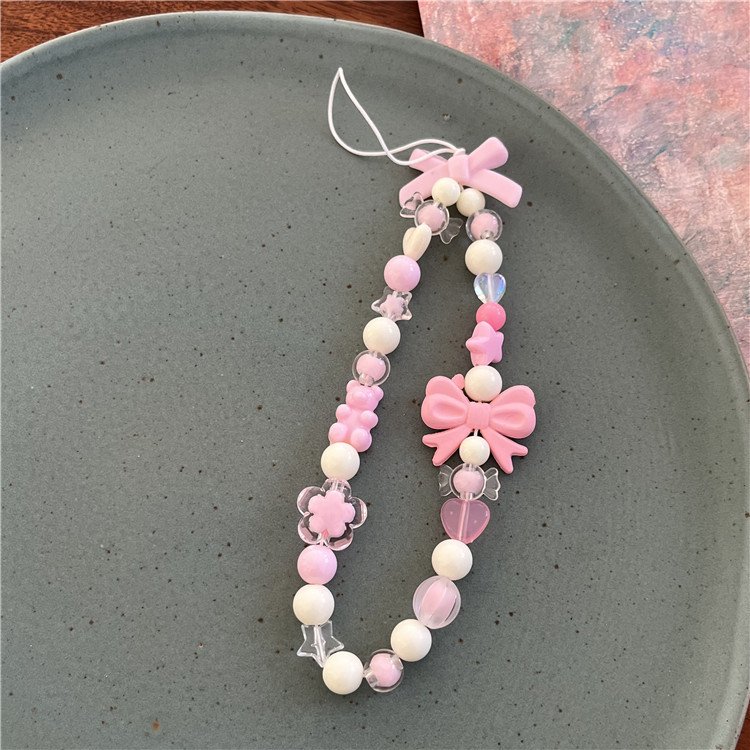 Diy Fancy Handmade Colorful Cellular Pearl Bowknot Crystal Acrylic Lanyard Charm Phone Case With Cases Key Chain Beads Strap