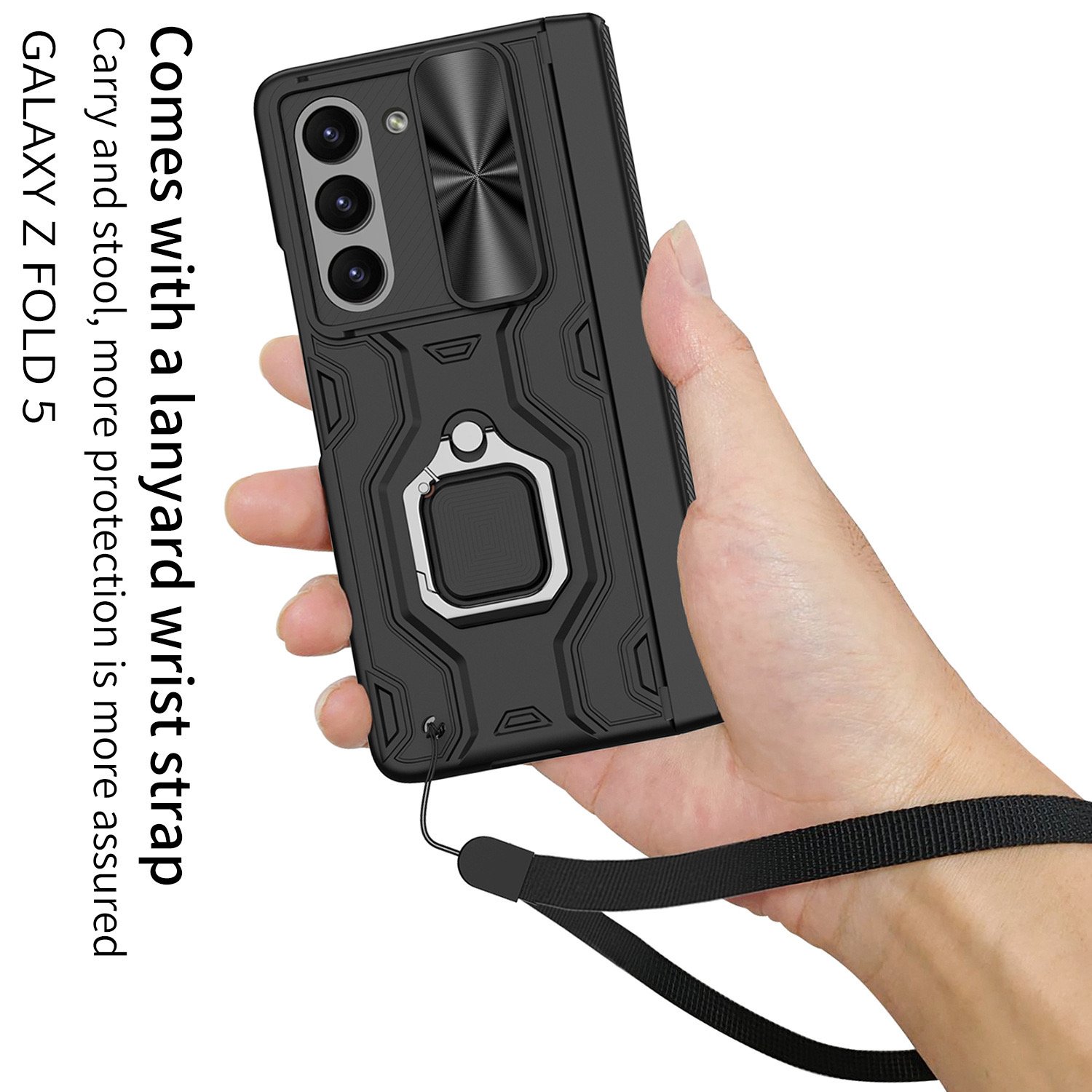 For Samsung Galaxy Z Fold 6 ZFold 5 Shockproof Hard PC Phone Case with Ring Stand Glass Film Lanyard and Strap