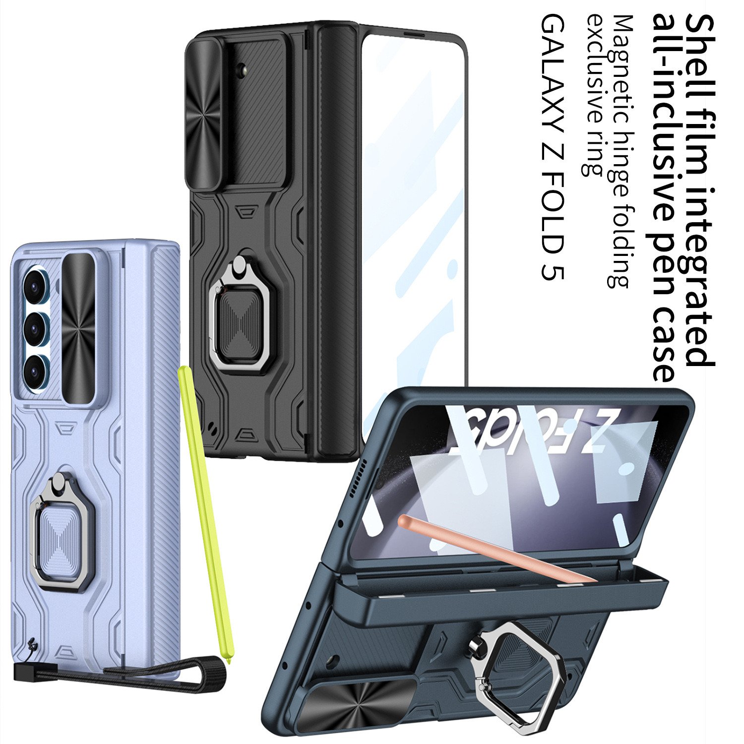 For Samsung Galaxy Z Fold 6 ZFold 5 Shockproof Hard PC Phone Case with Ring Stand Glass Film Lanyard and Strap