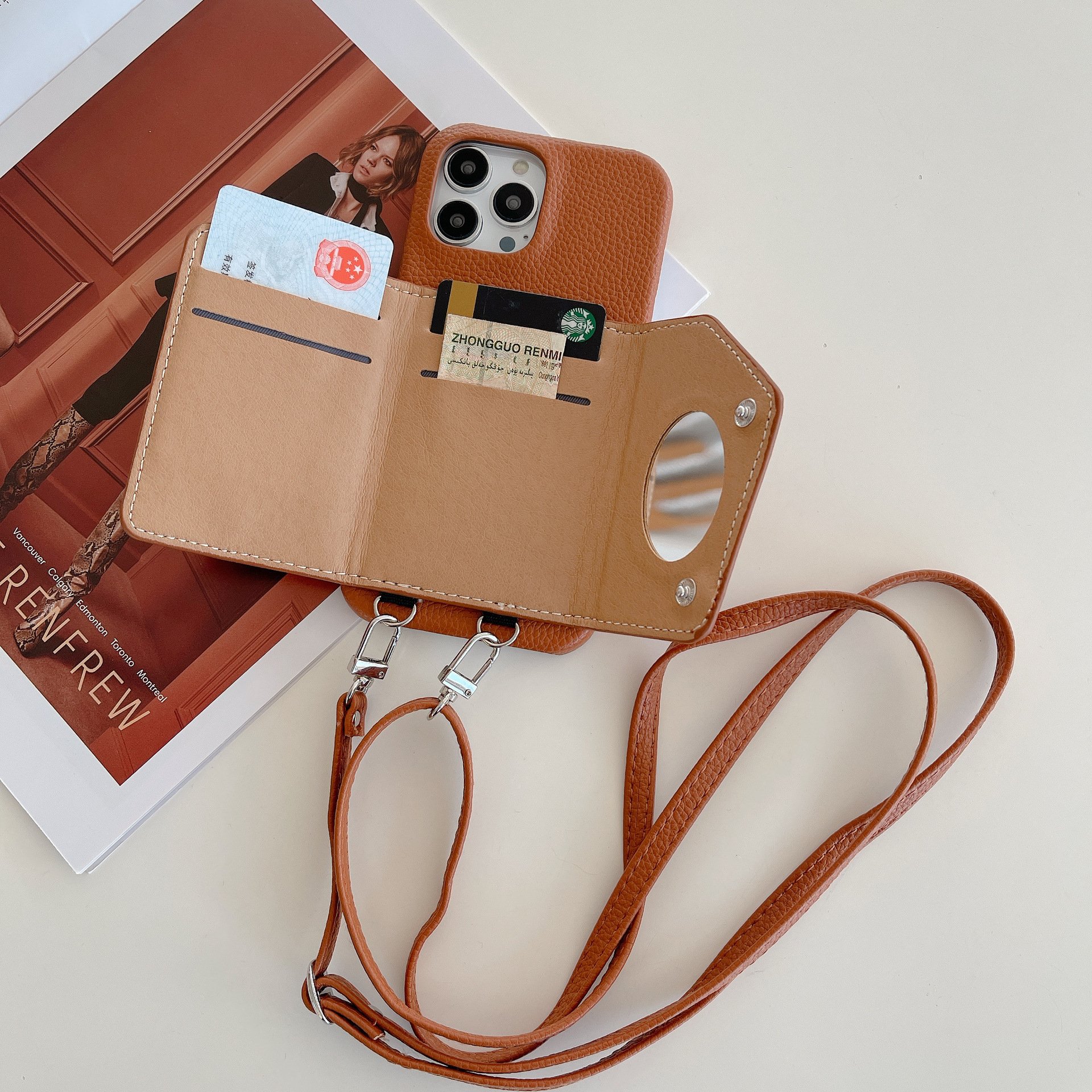 Crossbody and Wallet for iPhone 16 15 14 13 12 Pro Leather Crossbody Purse with Chain Phone Chain Holder String Strap Phone Case