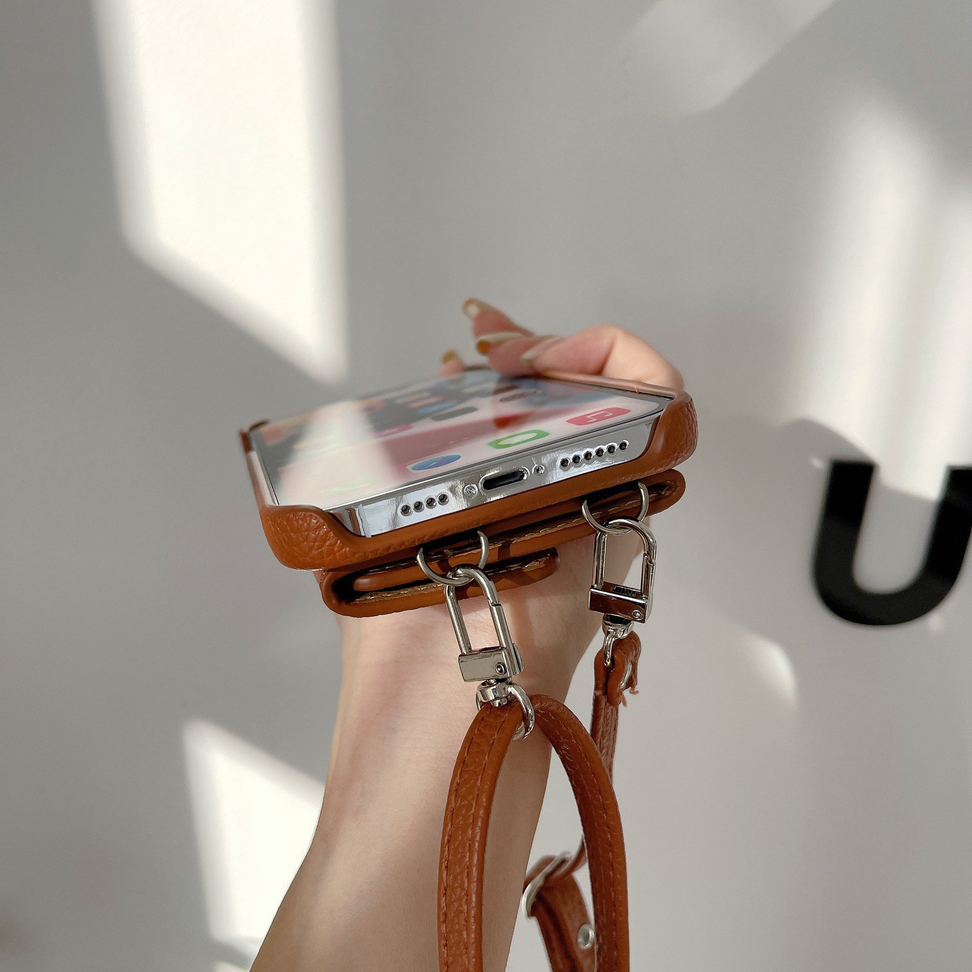 Crossbody and Wallet for iPhone 16 15 14 13 12 Pro Leather Crossbody Purse with Chain Phone Chain Holder String Strap Phone Case