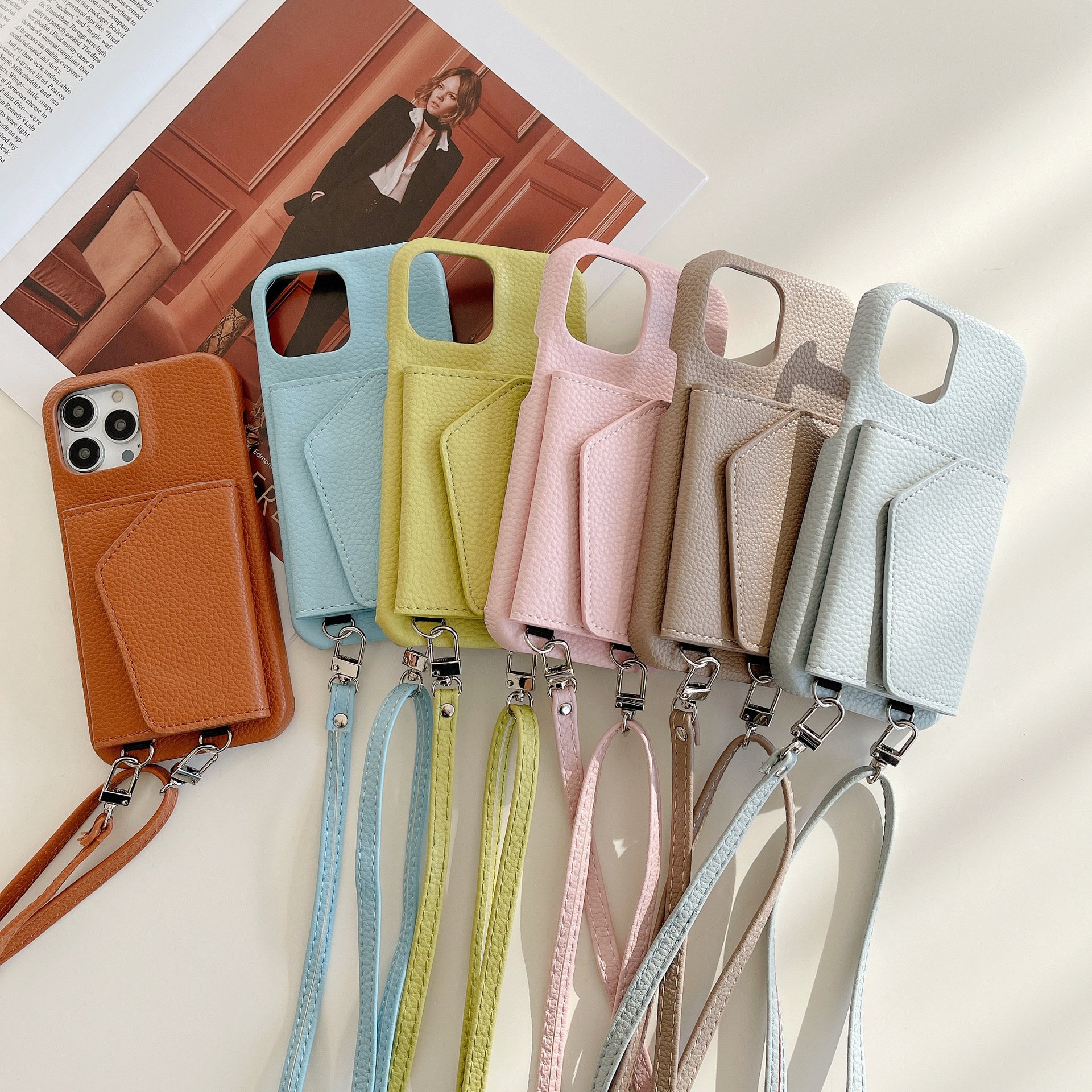 Crossbody and Wallet for iPhone 16 15 14 13 12 Pro Leather Crossbody Purse with Chain Phone Chain Holder String Strap Phone Case