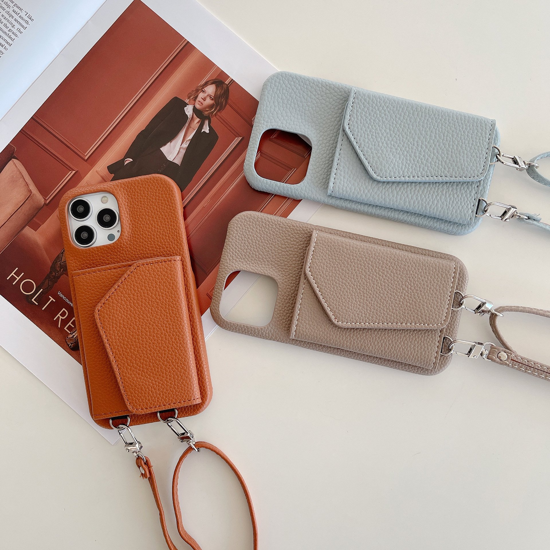 Crossbody and Wallet for iPhone 16 15 14 13 12 Pro Leather Crossbody Purse with Chain Phone Chain Holder String Strap Phone Case