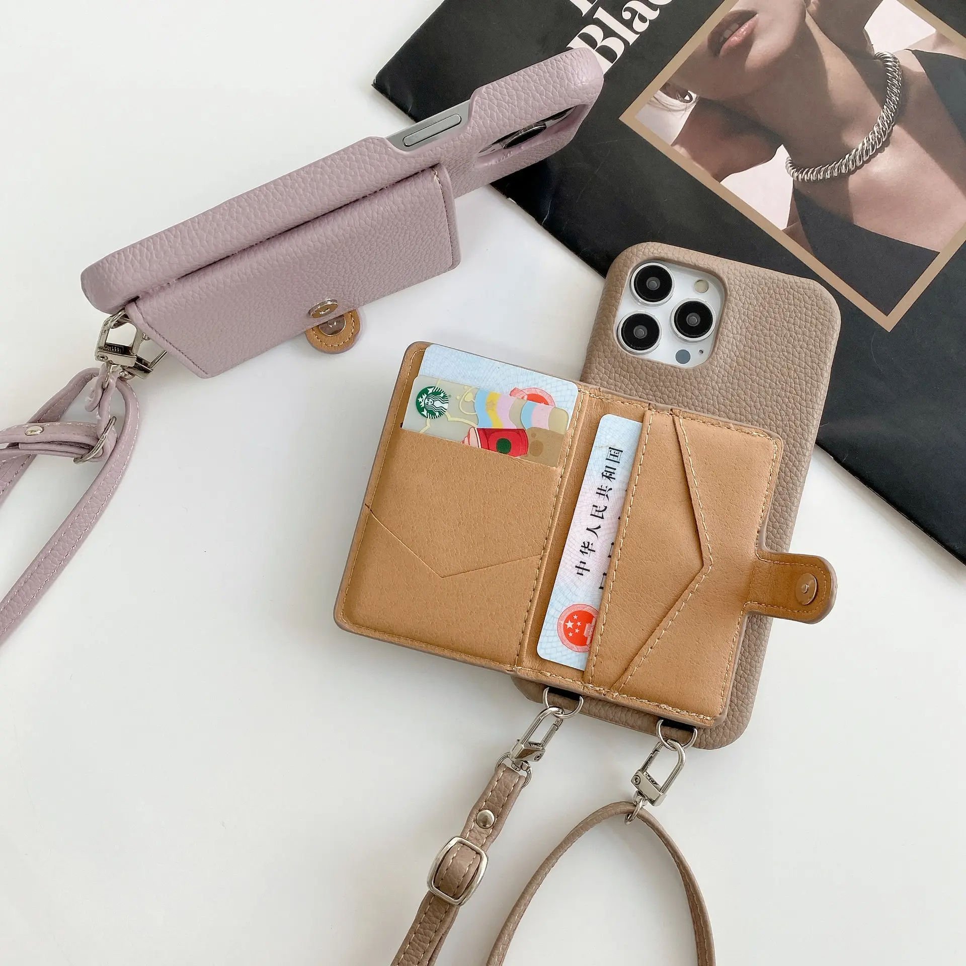 Multifunctional Cross Body Case for iPhone 16 Leather Crossbody Phone Case Strap with Pouch Sling Small Crossbody Mini Phone Bag