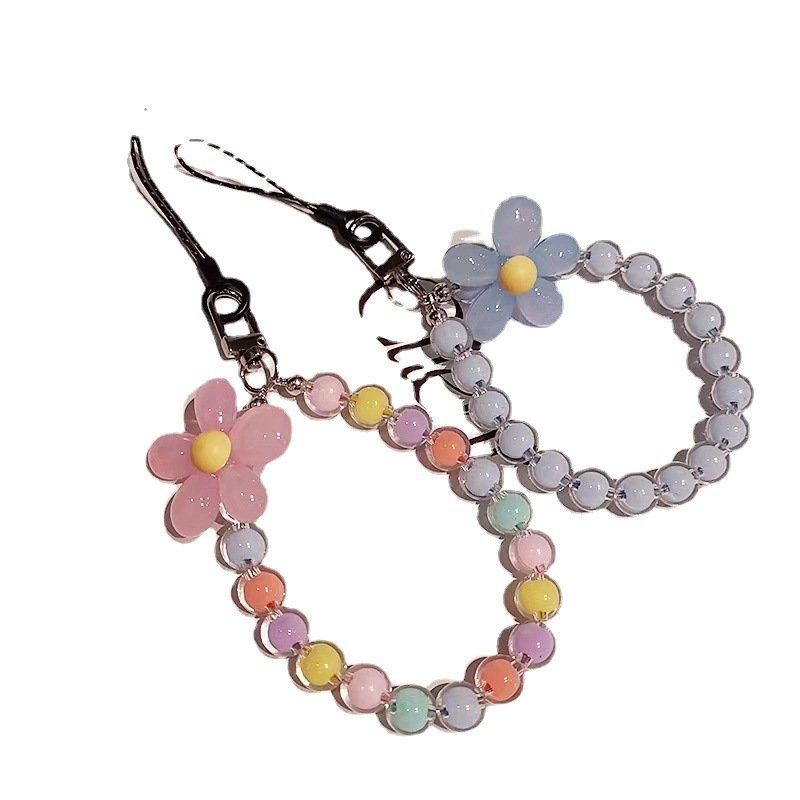INS Handmade Colorful Crystal Bead Mobile Phone Chain Wrist Strap Keychain Cute Flower Mobile Phone Strap Lanyard For Women