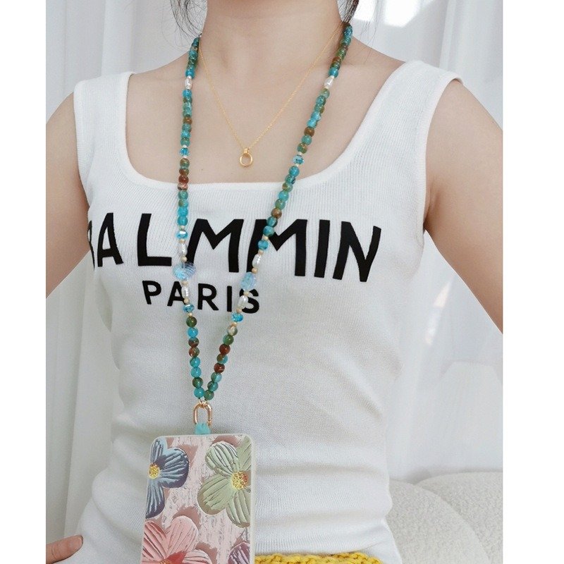 Blue Acrylic Bead Mobile Phone Shoulder Strap Chain Long Crossbody Necklace Shell Charm Phone Pendant Hanging Rope Accessory