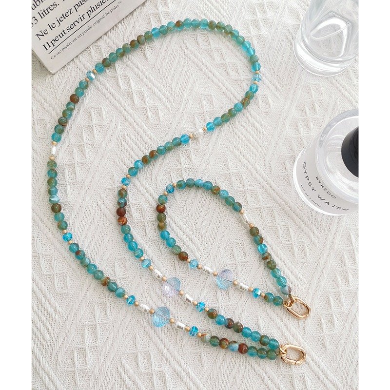 Blue Acrylic Bead Mobile Phone Shoulder Strap Chain Long Crossbody Necklace Shell Charm Phone Pendant Hanging Rope Accessory